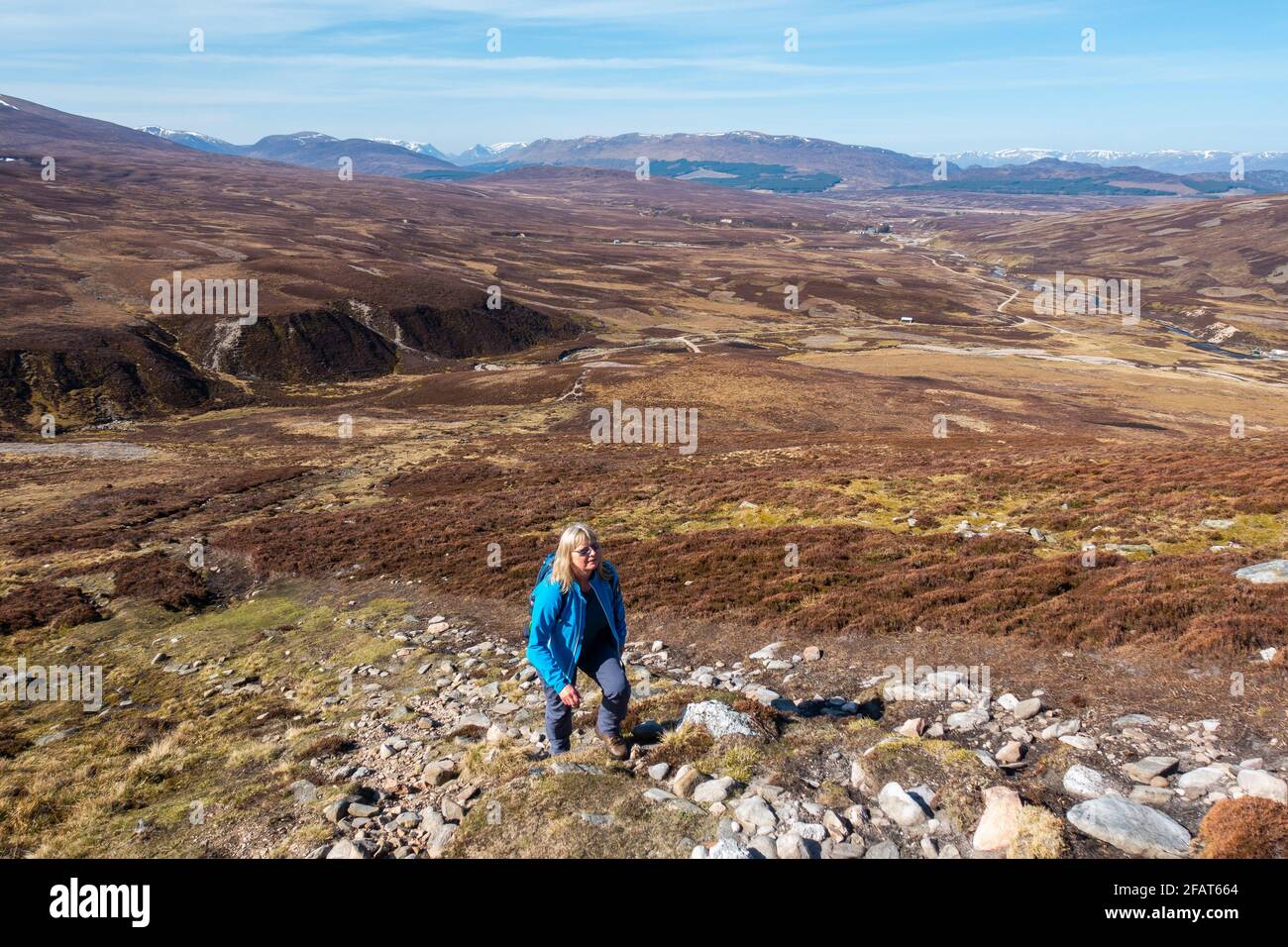 Un marcheur sur le sentier escarpé et érodé jusqu'au sommet de Meall Chuaich, une montagne Munro près de Dalwhinnie, en Écosse Banque D'Images