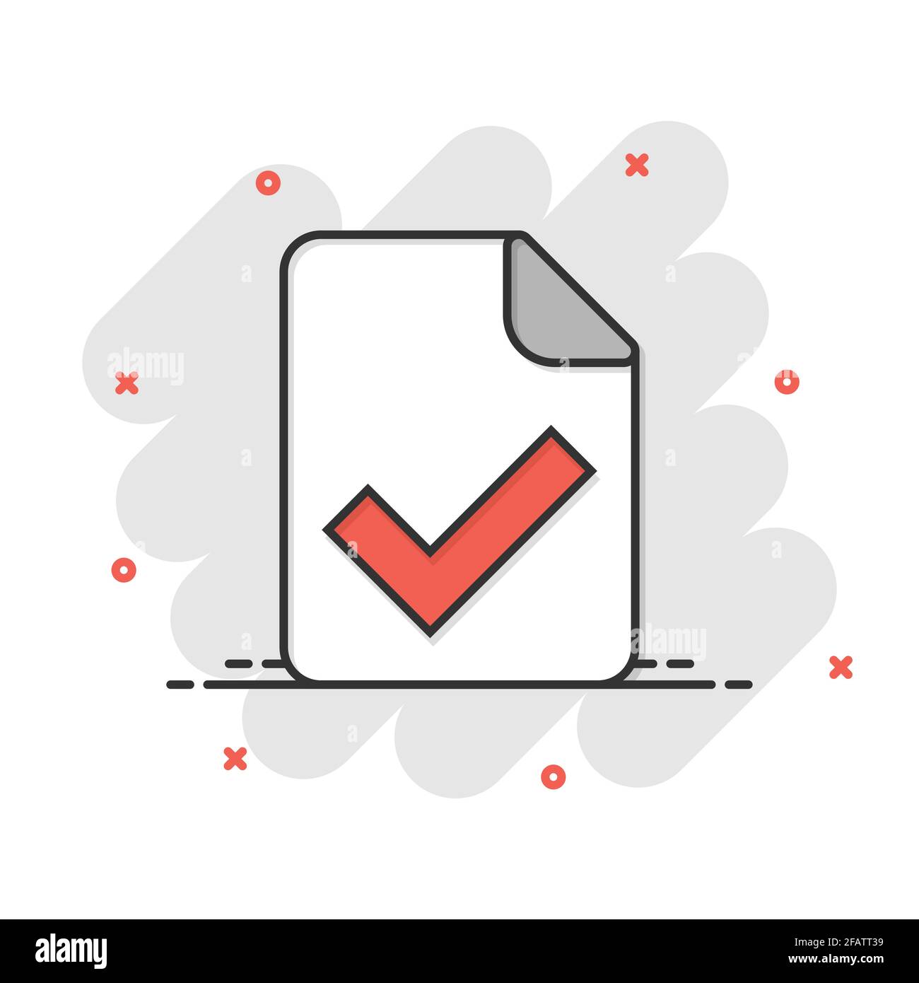 Icône document accepté dans le style comique. Corriger l'illustration vectorielle sur un arrière-plan blanc isolé. Vérifiez le concept commercial effet destruction message. Illustration de Vecteur