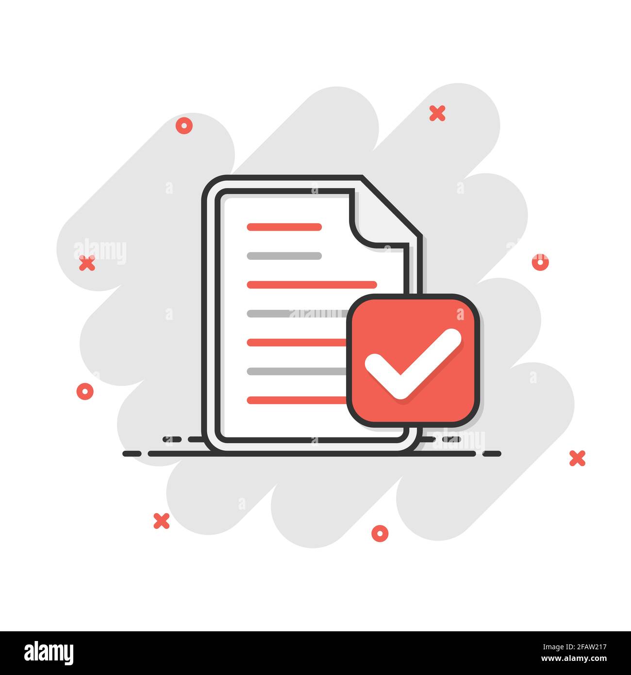 Icône document accepté dans le style comique. Corriger l'illustration vectorielle sur un arrière-plan blanc isolé. Vérifiez le concept commercial effet destruction message. Illustration de Vecteur