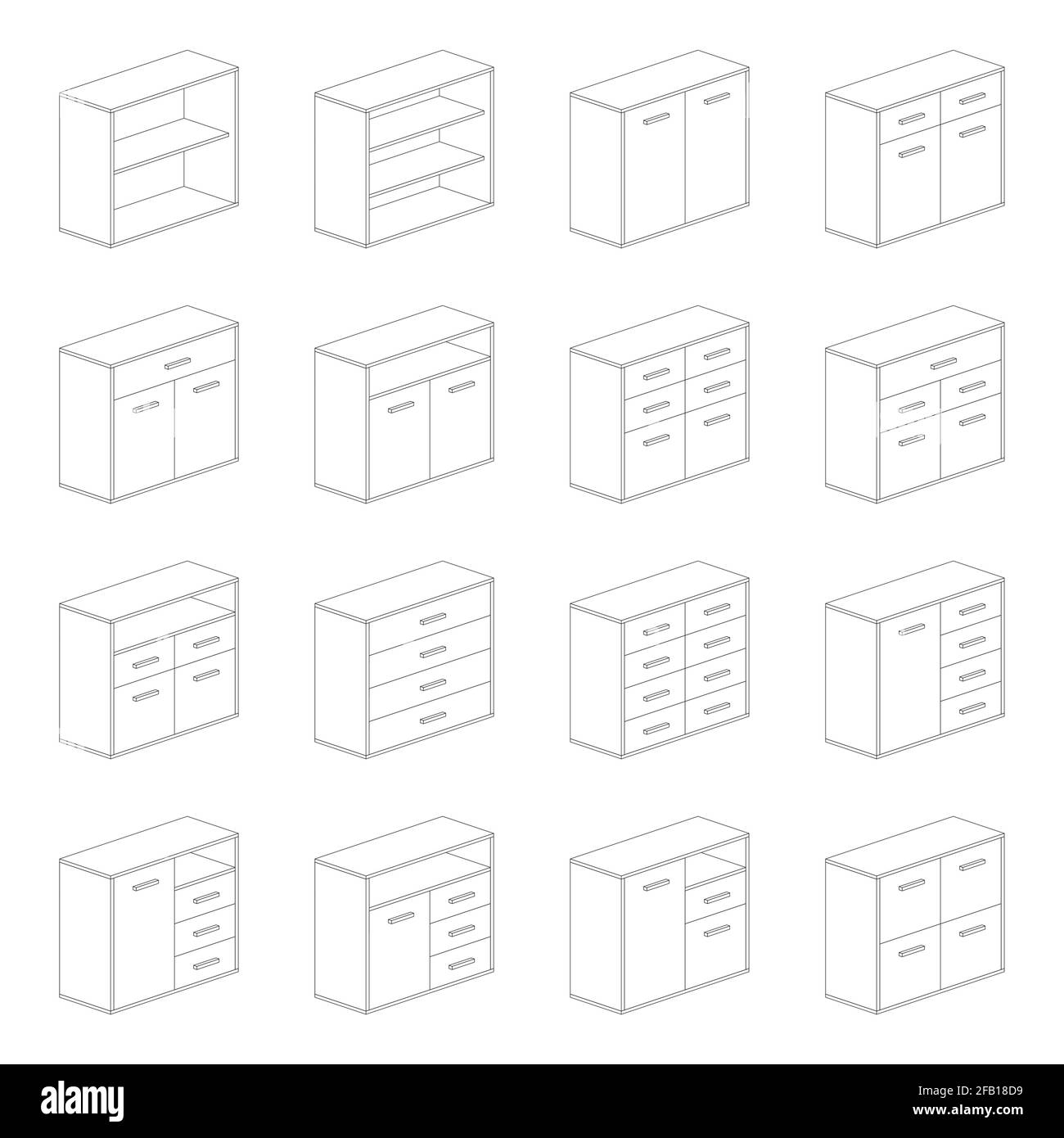 Meubles - armoires doubles, chevet, chaussures, cuisine et salle de bains. Différentes solutions d'installation et de montage, types de pictogrammes. Illustration de Vecteur