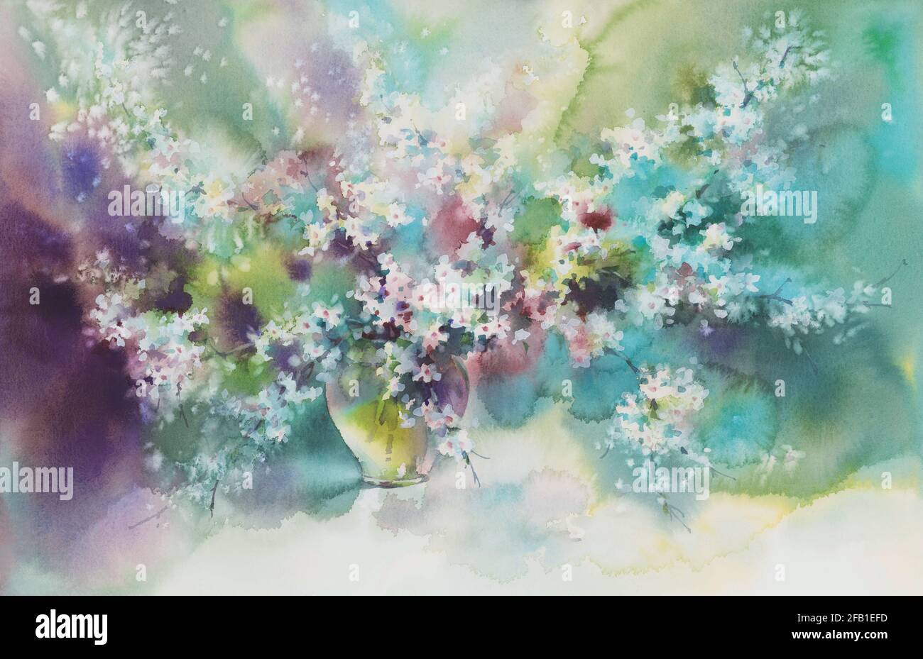 Sakura blanc sur fond d'aquarelle en fleur. Illustration de la floraison du printemps Banque D'Images