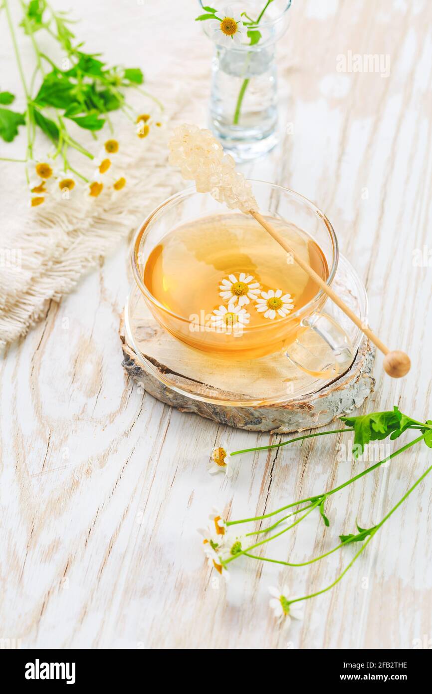 Tasse de thé camomille sur une table de cuisine en bois. Banque D'Images