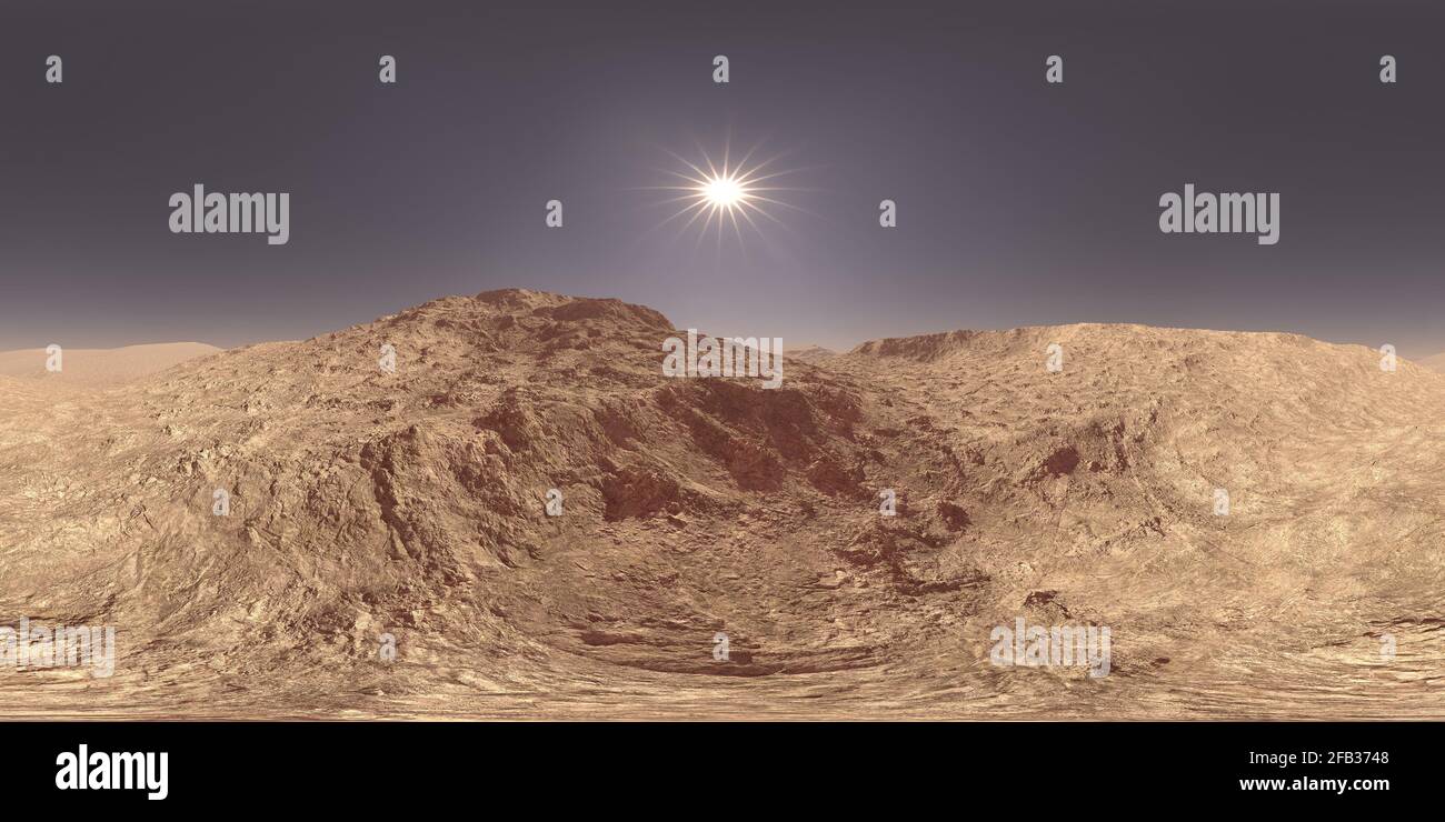 Soleil de jour sur Mars, planète rouge, paysage dans un panorama sphérique HDRI 360 pour les environnements d'illustration 3D. Banque D'Images