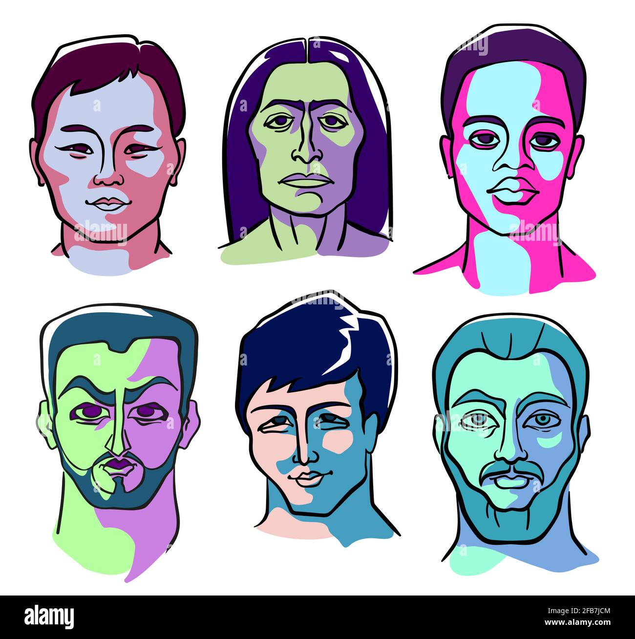 Six visages masculins d'apparences différentes : africain, asiatique, nord, arabe, scandinave et amérindien. Portraits couleur dans le style du Supromatisme. Illustration de Vecteur