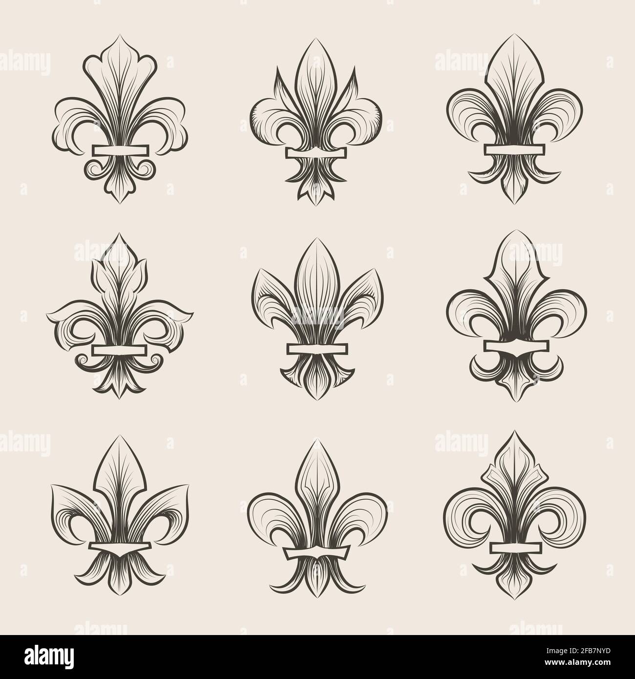 Jeu d'icônes de gravure de la fleur de lis. Décoration antique fleur de lis, fleur héraldique médiévale de lis, fleur française de lis. Illustration vectorielle Illustration de Vecteur