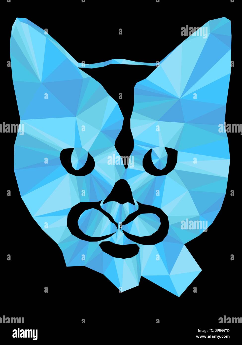 Mosaïque de chat sérieux dans des teintes bleues isolées sur fond noir, décoration sur verre Illustration de Vecteur