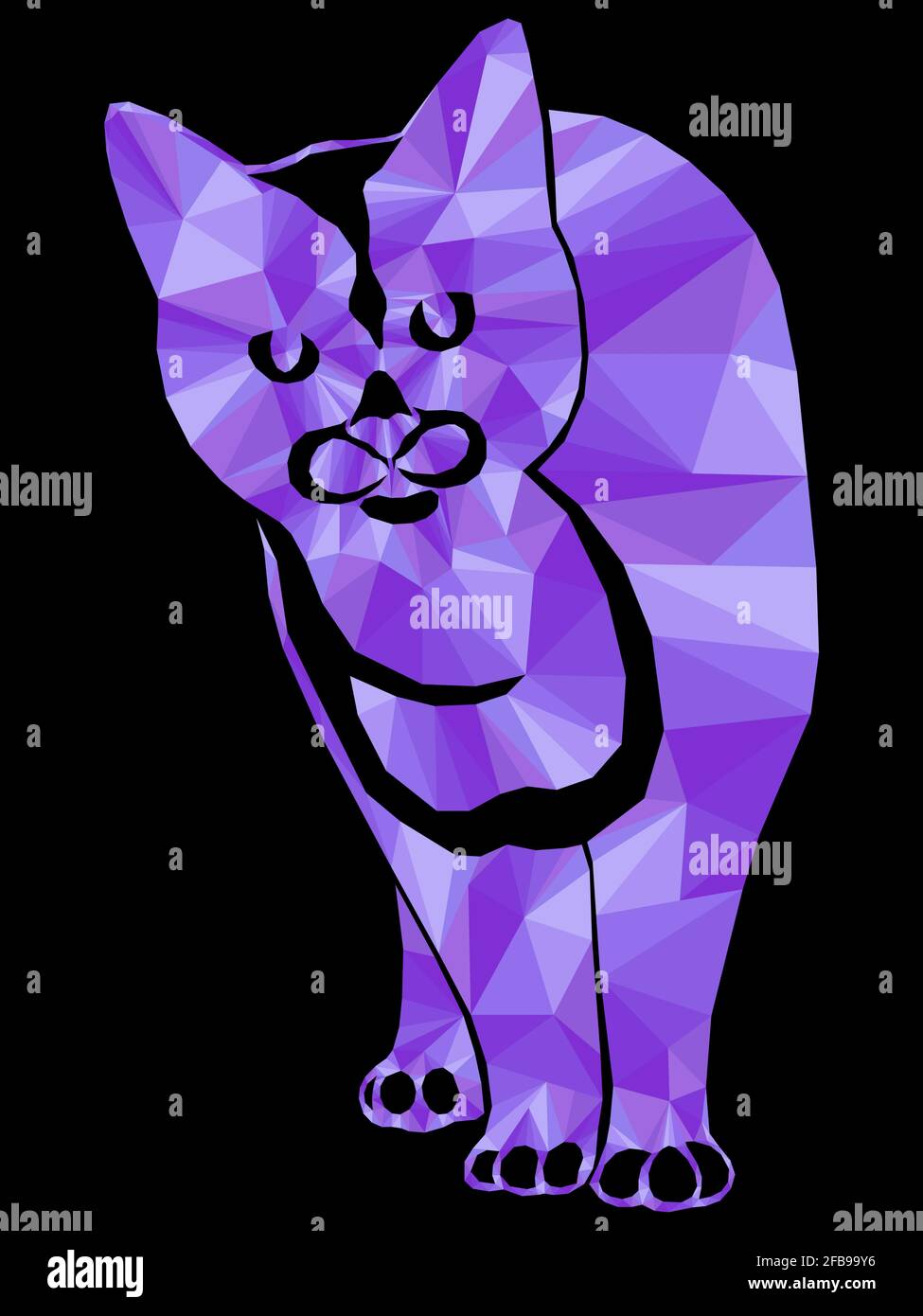 Mosaïque de chat drôle dans des teintes violettes isolées sur fond noir, décoration sur verre pour les enfants Illustration de Vecteur