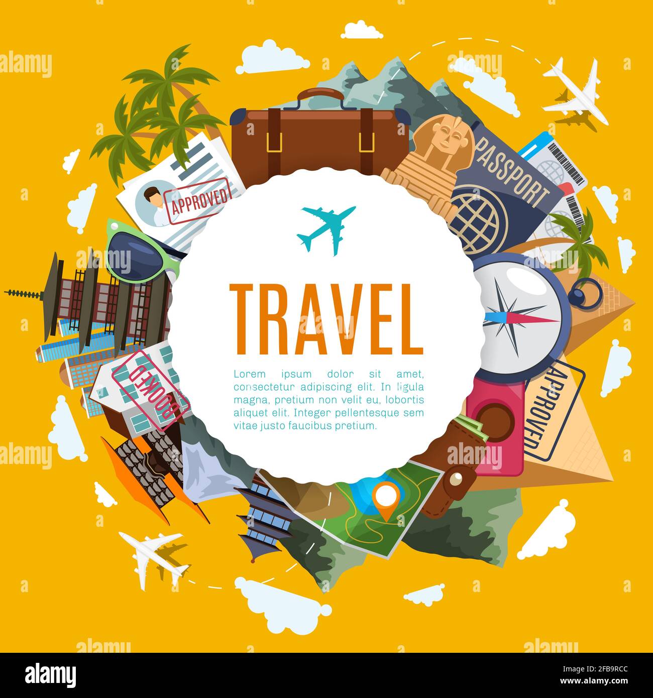 Label de voyage et de tourisme avec attractions sur fond jaune. Égypte et Japon, valise, carte et visa vecteur de vacances concept Illustration de Vecteur
