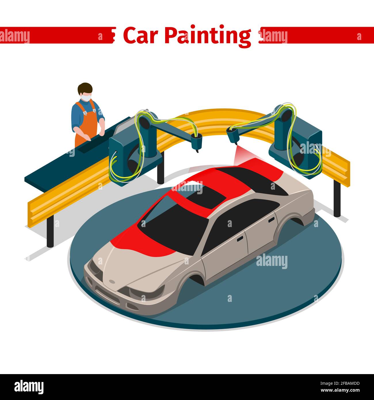 Automobile peinture automatique ligne 3d isométrique. Service de peinture automobile, garage pour la peinture de transport. Illustration vectorielle Illustration de Vecteur