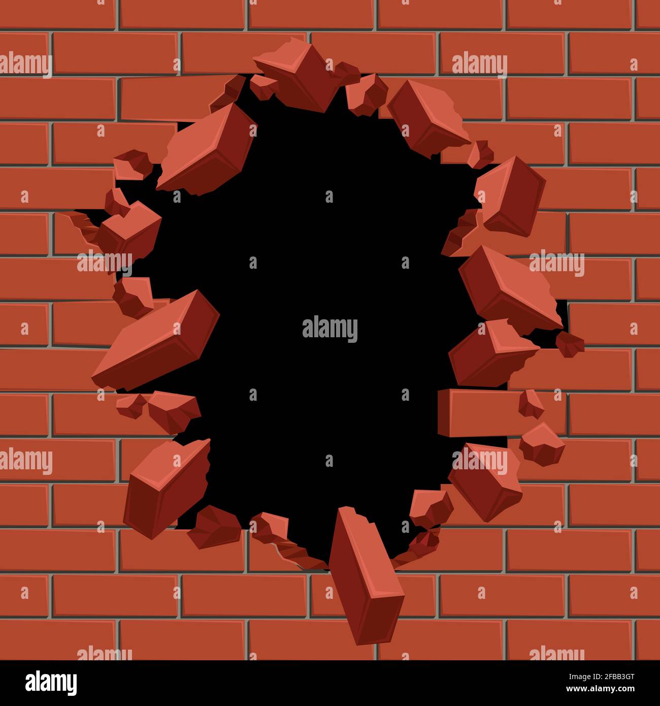 Eclater le trou dans l'illustration du vecteur de paroi en brique rouge. Mur de briques de la surface de construction et trou brisé dans le mur de briques de la structure Illustration de Vecteur