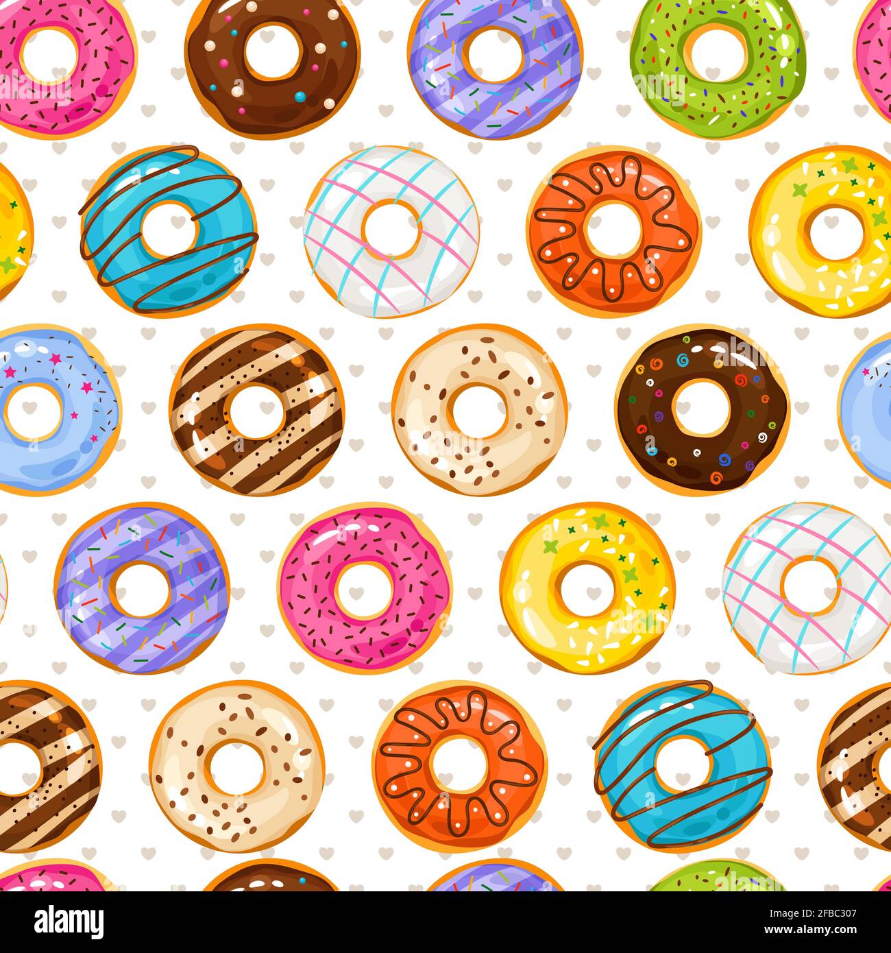 Fond de dessert en poudre de beignet. Beignets et petits coeurs d'amour sans coutures. Pâtisserie à beignets illustration savoureuse Illustration de Vecteur