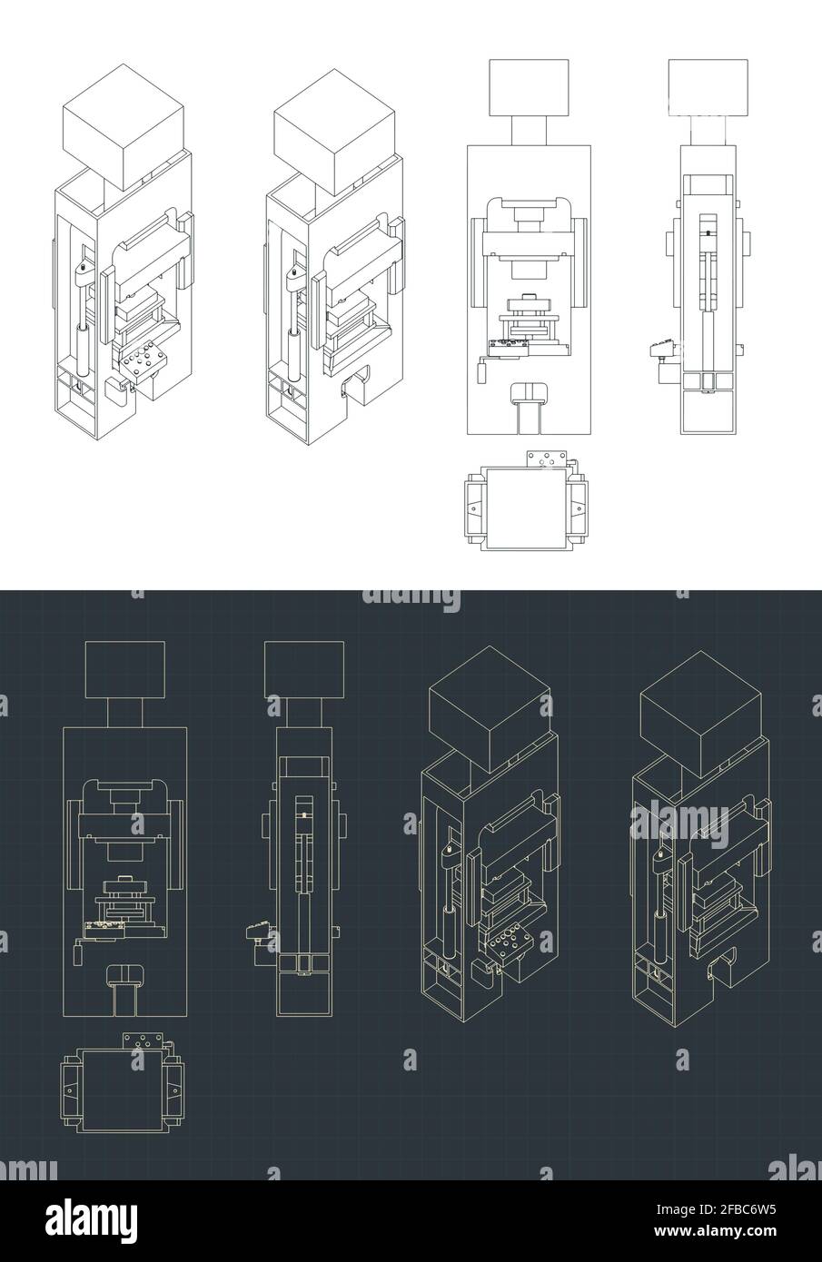 Illustrations vectorielles stylisées de dessins de presse hydraulique industrielle puissants Illustration de Vecteur