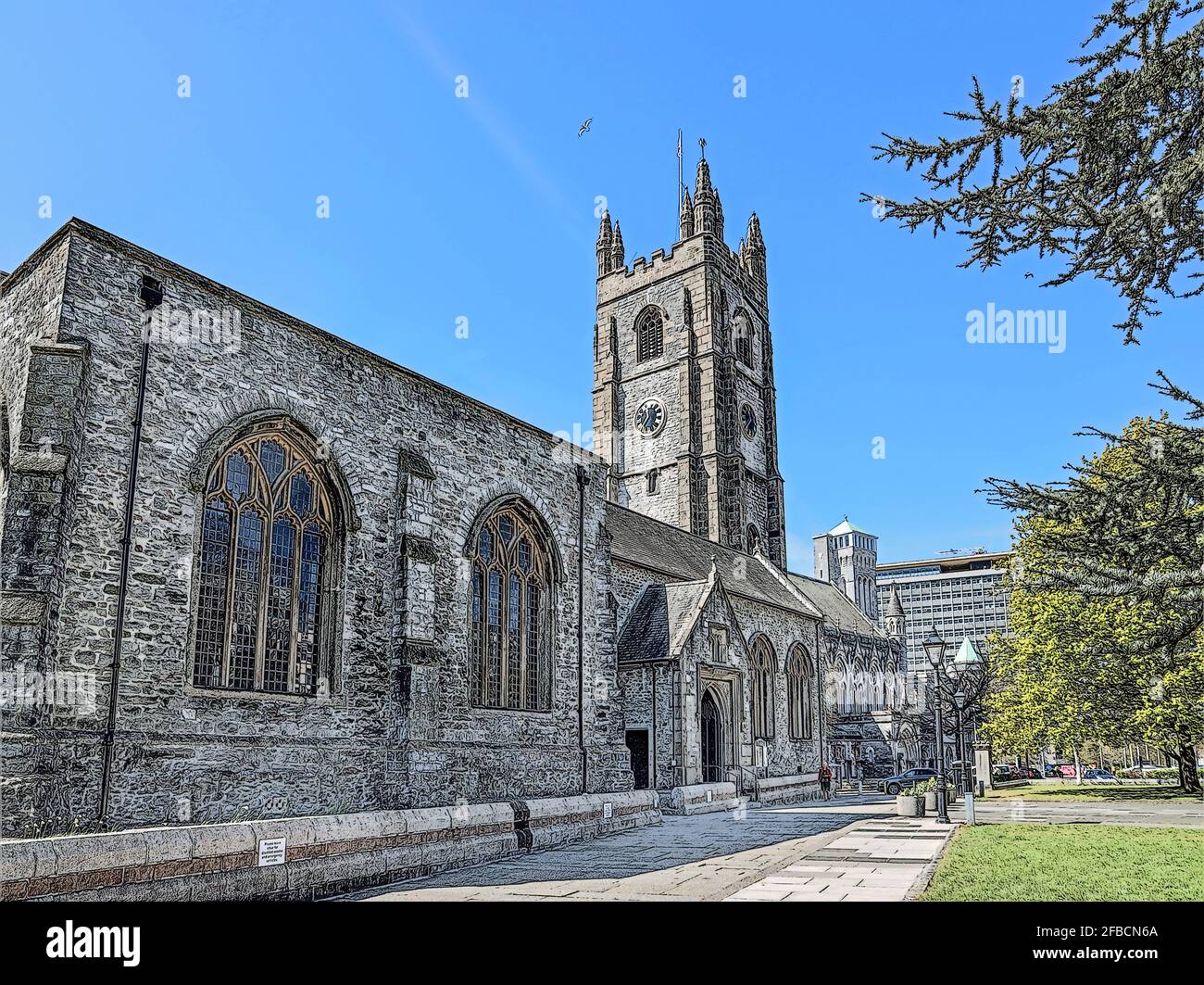 Illustration photo de l'église Minster de St Andrew à Plymouth. Bombardé pendant la Seconde Guerre mondiale, il est réné en 1951. Un appel de Resurgam 60 vise à soulever le fu Banque D'Images