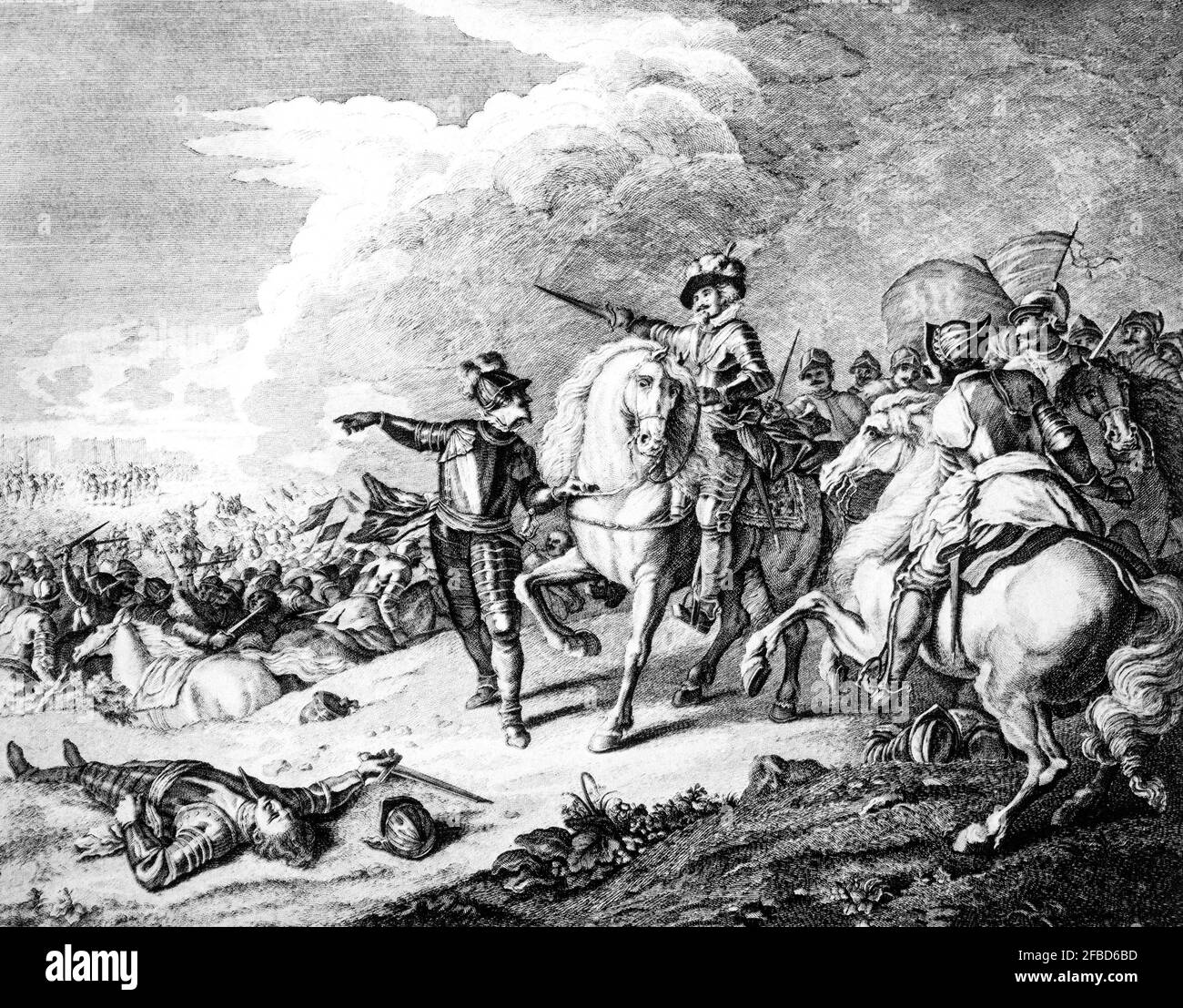 Prince Rupert à la tête de la cavalerie pendant la bataille de Naseby dans le Northamptonshire, un engagement décisif de la guerre civile anglaise, a combattu le 14 juin 1645 entre la principale armée Royaliste du roi Charles I et l'Armée parlementaire nouvelle modèle, commandée par Sir Thomas Fairfax et Oliver Cromwell. Après des combats acharnés, l'armée parlementaire a effectivement détruit la force Royaliste. Banque D'Images