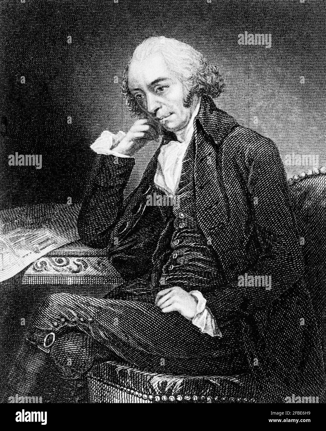 Un portrait de James Watt (1736-1819) inventeur écossais, ingénieur mécanique et chimiste. Il a amélioré la machine à vapeur Newcomen 1712 avec sa machine à vapeur Watt en 1776, ce qui était fondamental pour les changements apportés par la révolution industrielle dans sa Grande-Bretagne natale et dans le reste du monde. Il s'est rendu compte que les conceptions de moteurs modernes ont gaspillé beaucoup d'énergie en refroidissant et réchauffant le cylindre à plusieurs reprises. Watt a introduit le condenseur séparé, qui évite un gaspillage d'énergie et améliore radicalement la puissance, l'efficacité et la rentabilité des moteurs à vapeur. Eventua Banque D'Images