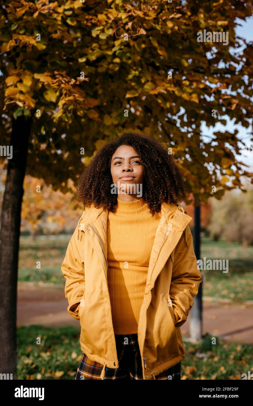 Belle femme afro avec les mains dans les poches debout dans le parc pendant la journée ensoleillée Banque D'Images