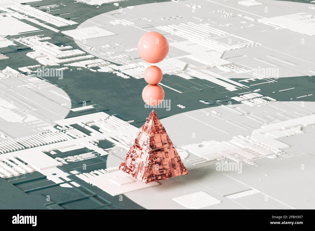 Pyramide rose abstraite avec trois sphères d'équilibre sur le dessus contre arrière-plan futuriste Banque D'Images