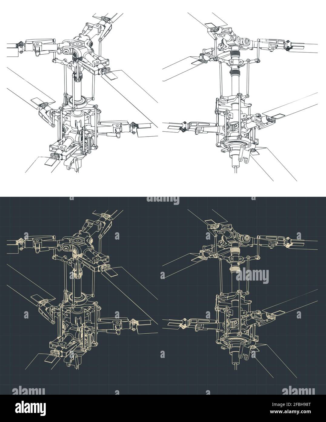 Illustrations vectorielles stylisées du mécanisme du rotor principal coaxial de l'hélicoptère mises en plan Illustration de Vecteur