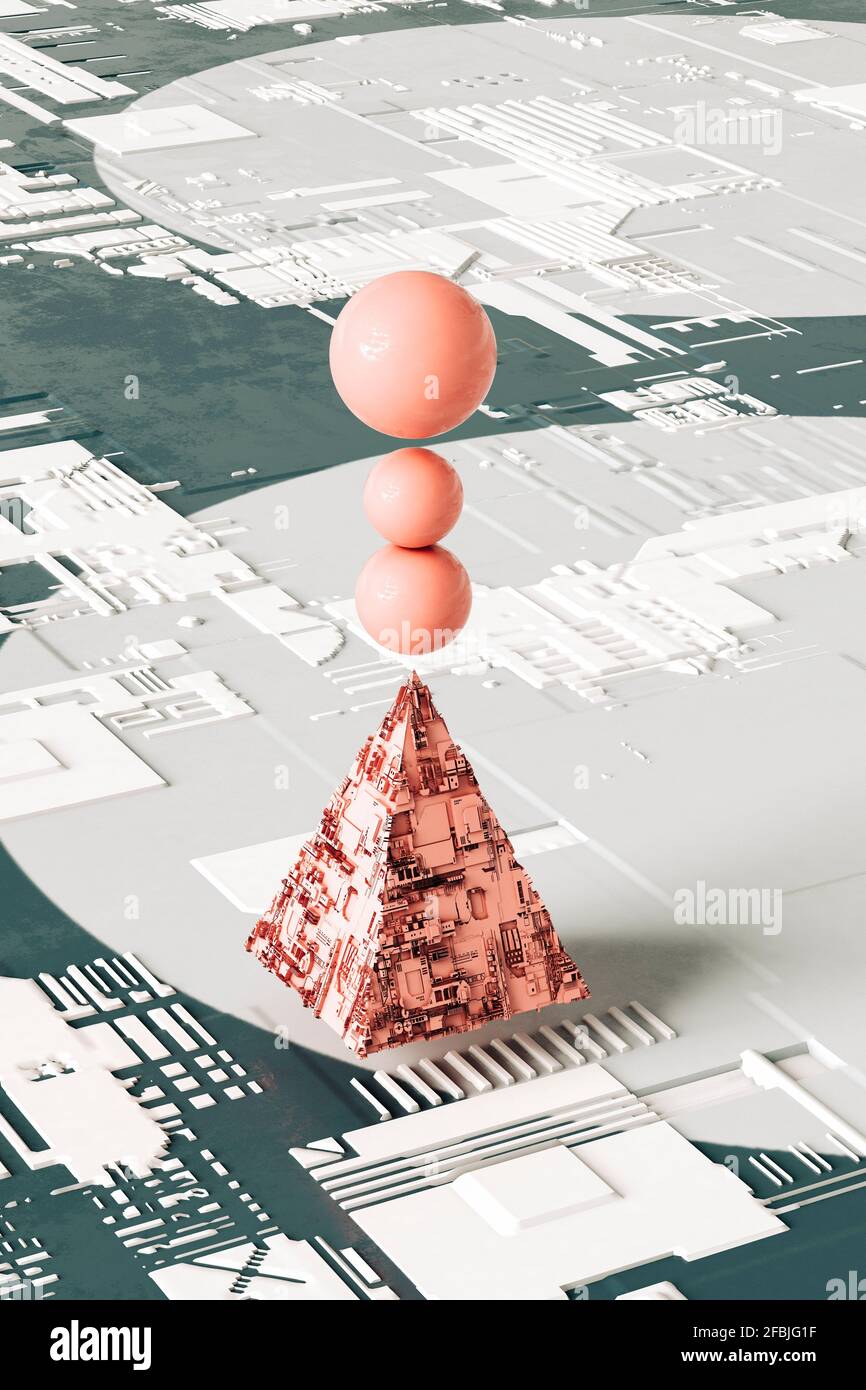 Pyramide rose abstraite avec trois sphères d'équilibre sur le dessus contre arrière-plan tridimensionnel futuriste Banque D'Images
