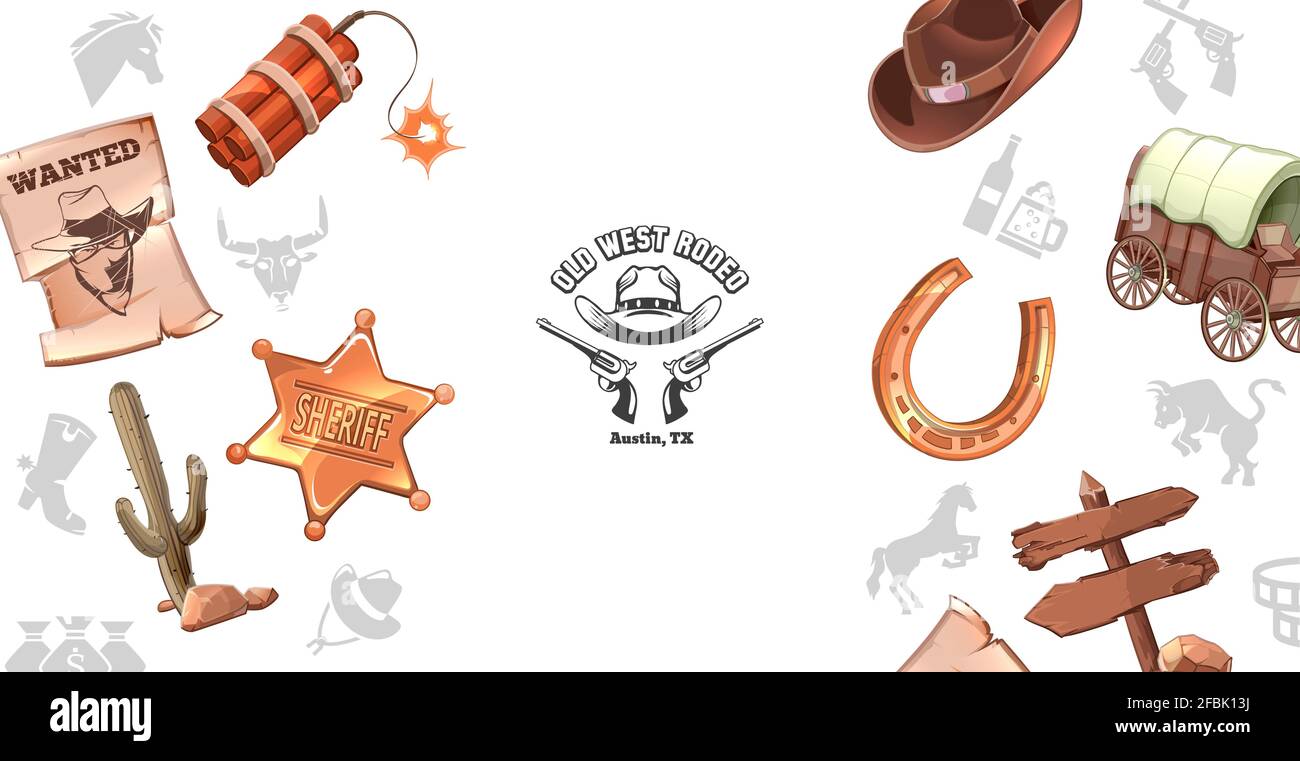 Dessin animé Wild West concept avec l'insigne de shérif de dynamite d'affiche recherché cactus cowboy chapeau chariot à fer à cheval panneau en bois Illustration de Vecteur