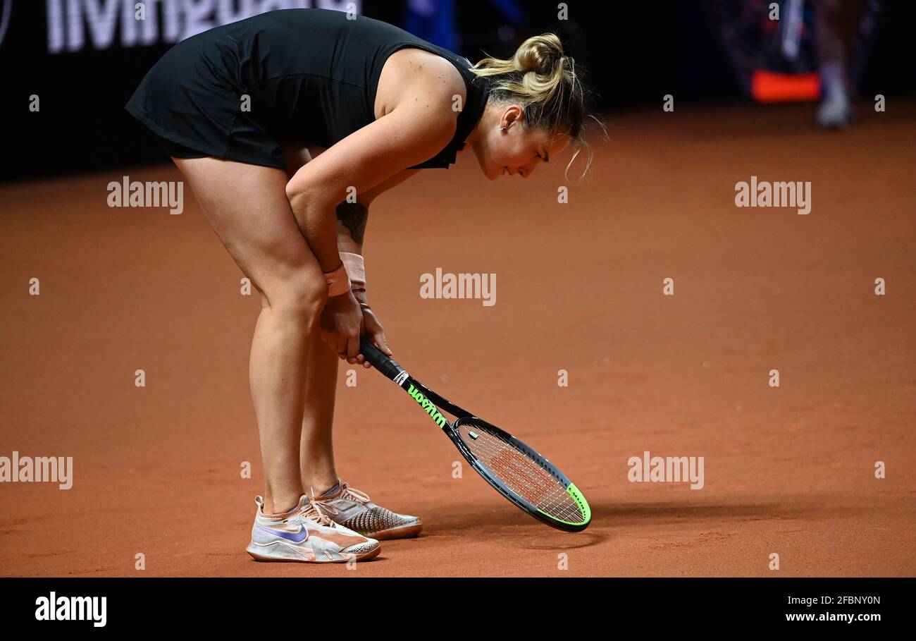 Stuttgart, Allemagne. 23 avril 2021. Tennis, WTA Tour, Stuttgart, célibataires, femmes, Quarterfinales, Sabalenka (Bélarus) - Kontaveit (Estonie): Aryna Sabalenka réagit. Credit: Marijan Murat/dpa-POOL/dpa/Alamy Live News Banque D'Images