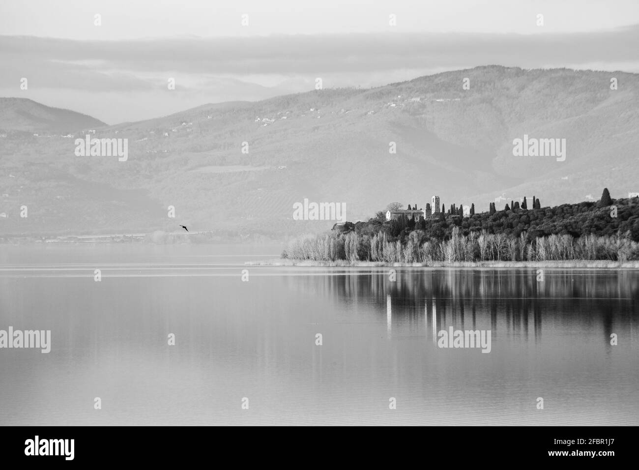 Une vue parfaitement symétrique d'un lac, avec des réflexions sur l'eau Banque D'Images