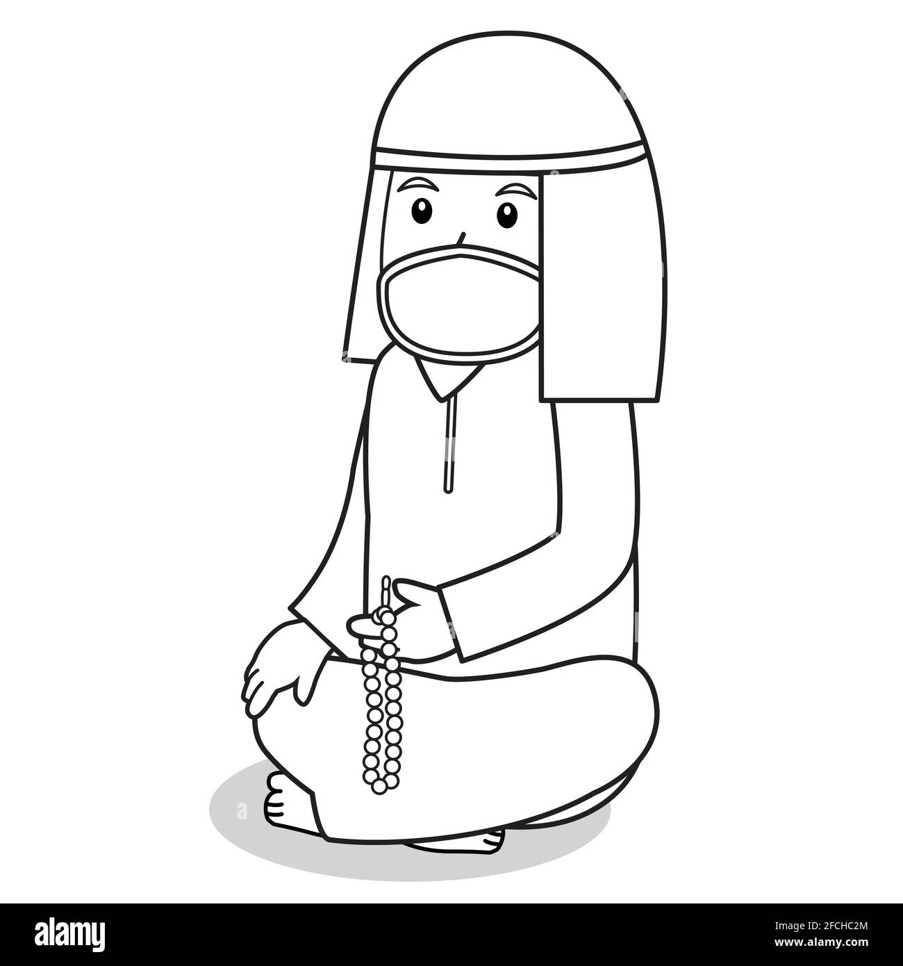Homme musulman utiliser blanc robe traditionnelle musulmane. Tenue tasbih et prier dans le mois du ramadan, en utilisant le masque et le protocole sain.Vector personnage illustrat Illustration de Vecteur