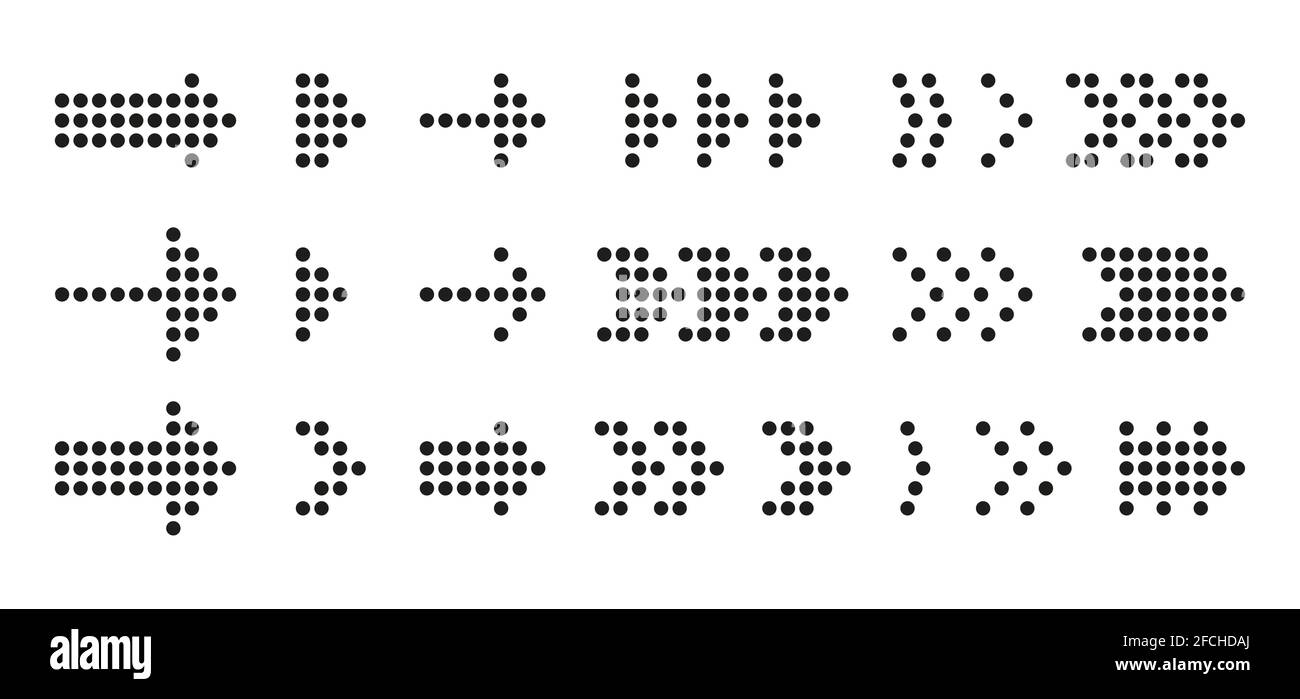 Ensemble d'icônes de flèches en pointillés noires. Pointeur de silhouette noir plat. Pictogramme de navigation moderne. Curseur d'élément d'infographie. Symbole graphique vers le haut, la gauche, la droite. Applications d'interface. Illustration vectorielle isolée Illustration de Vecteur