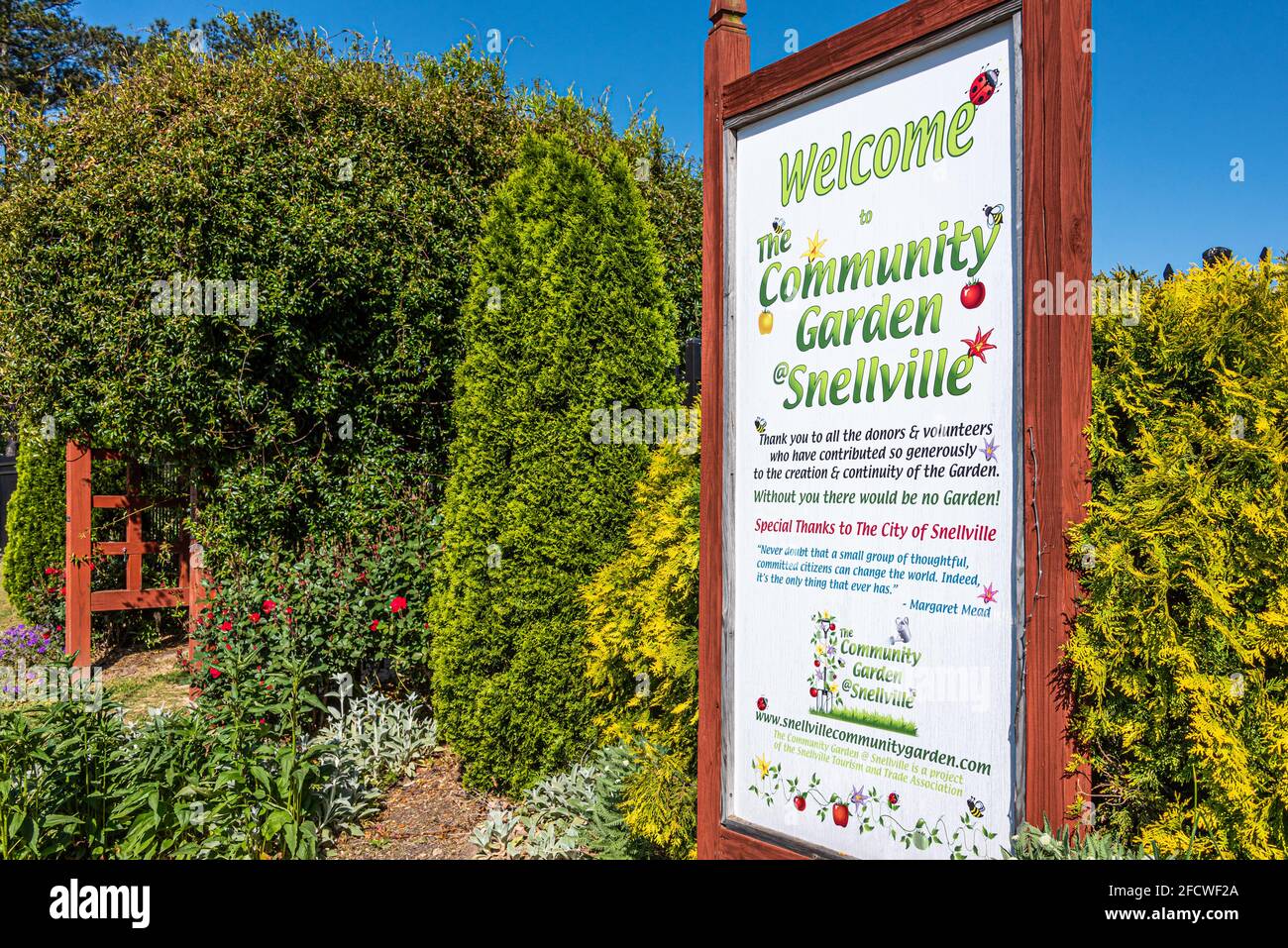Panneau de bienvenue au Community Garden @ Snellville adjacent au parc Briscoe à Snellville (Metro Atlanta), Géorgie. (ÉTATS-UNIS) Banque D'Images