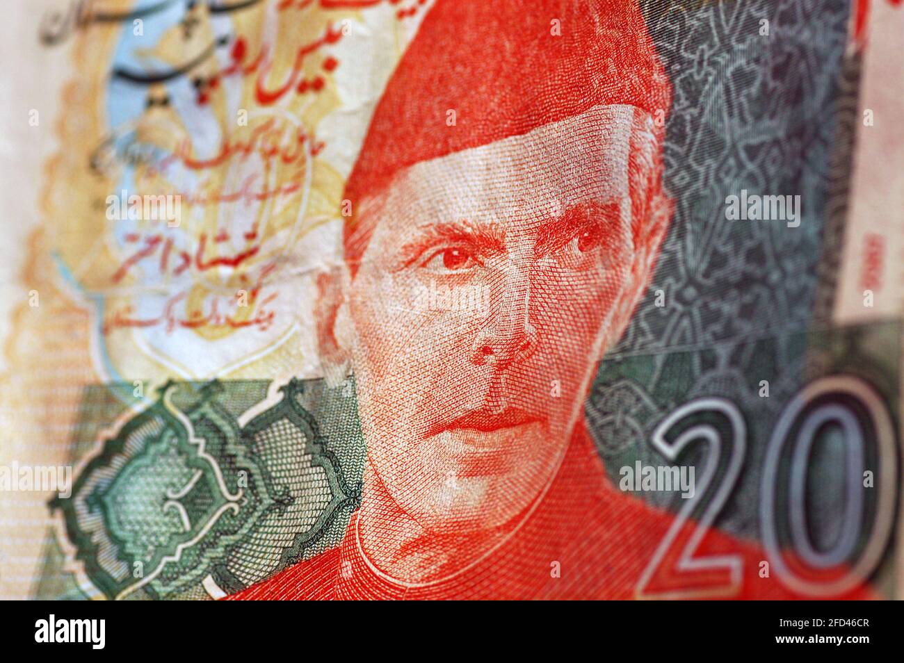 Un billet de 20 roupies du Pakistan avec l'accent sur l'image de Muhammad Ali Jinnah, le premier Gouverneur général du pays et considéré par beaucoup comme Banque D'Images
