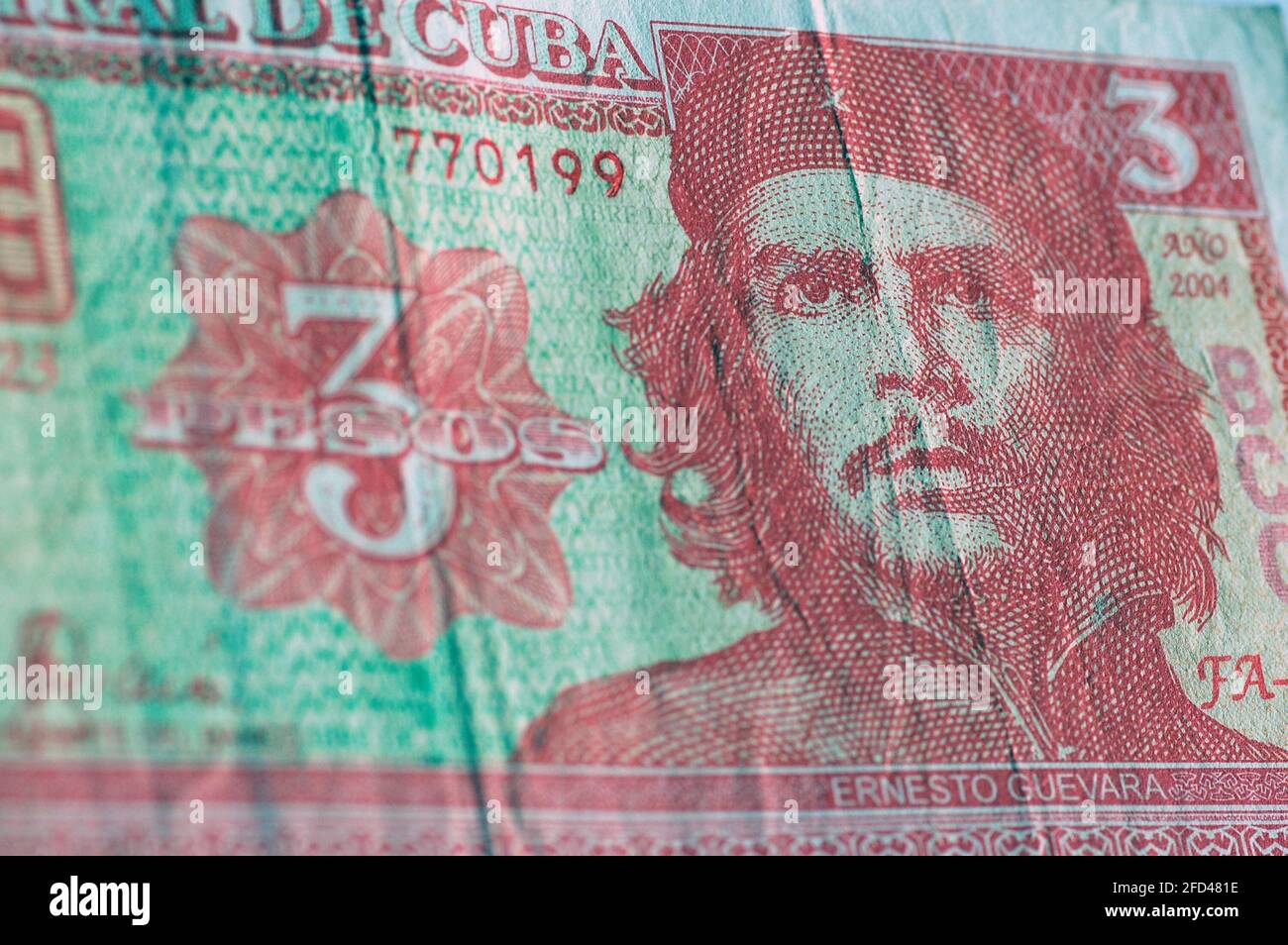 Un billet de trois pesos montrant le leader communiste révolutionnaire Che Guevara produit par la Banque centrale de Cuba. Banque D'Images