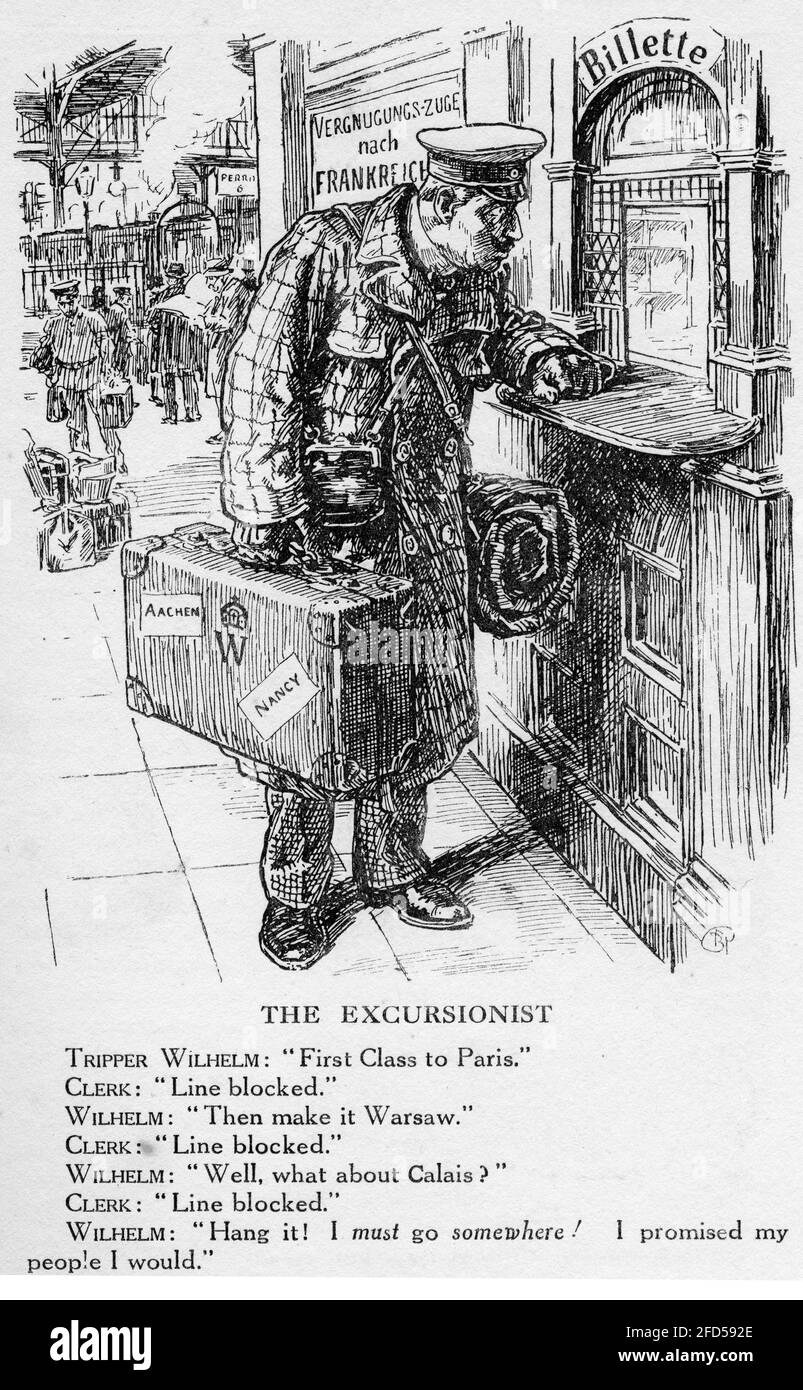 Gravure du Kaiser Wilhelm d'Allemagne en difficulté avec ses plans d'invasion pendant la première Guerre mondiale. Du magazine Punch. Banque D'Images