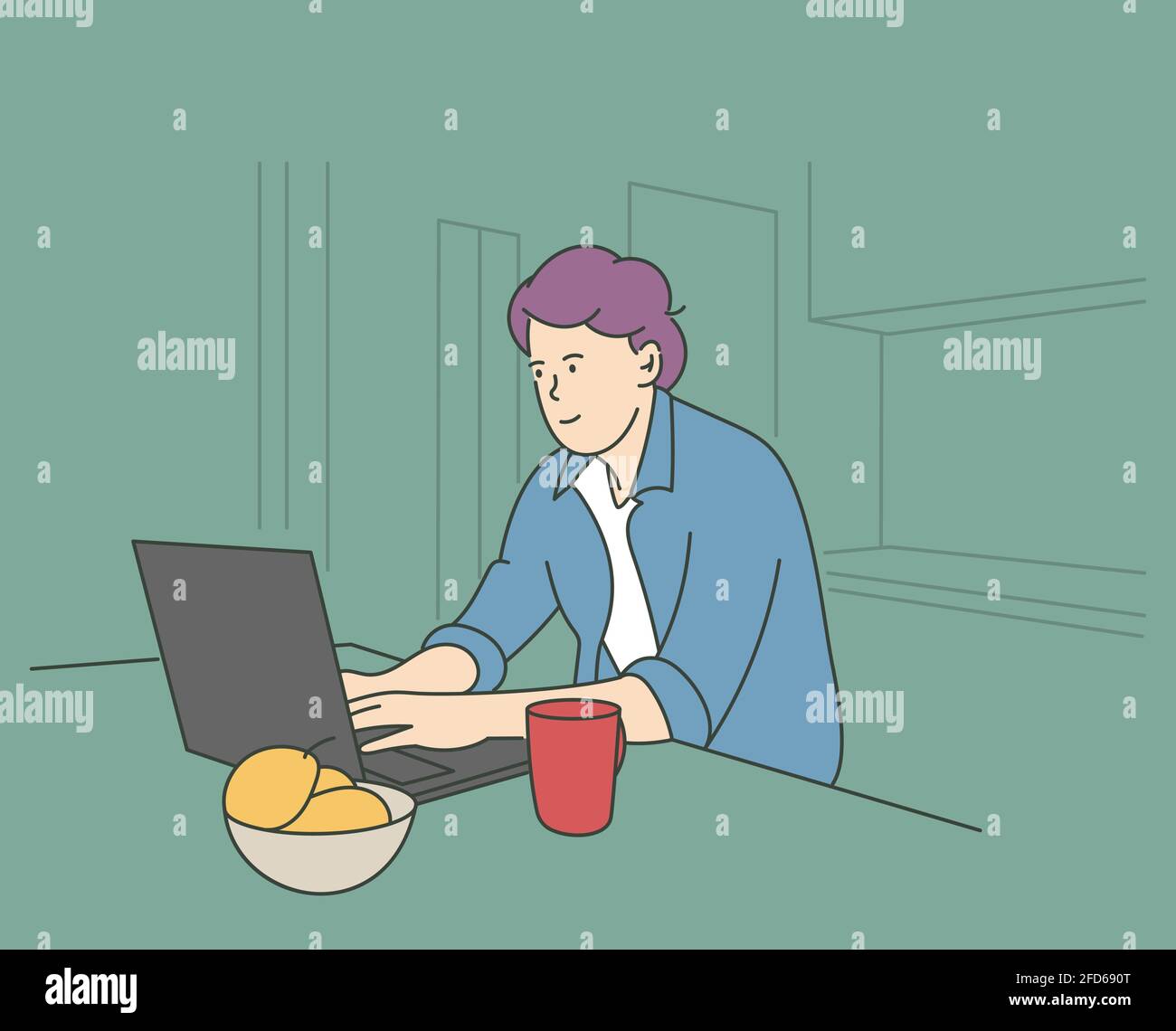 Communication, freelance, concept de visioconférence. Jeune homme personnage assis sur une chaise à la maison parlant avec un ami en ligne. Travail à distance à l'isolement Illustration de Vecteur