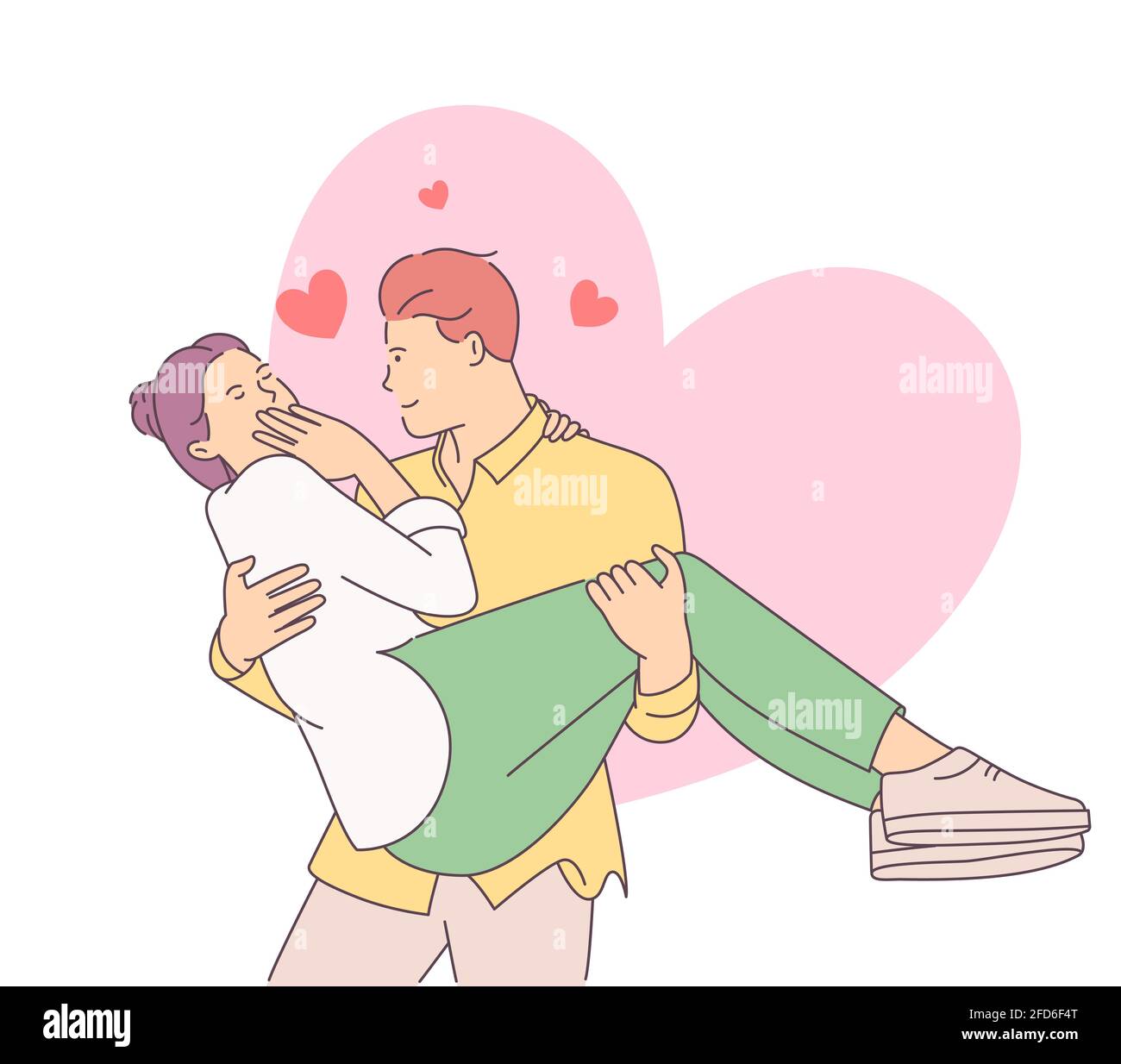 Histoire D Amour Ou Concept De Saint Valentin Beau Homme Personnage De Dessin Anime Tenant Sur Les Mains Belle Femme Illustration De Style Ligne Moderne Image Vectorielle Stock Alamy