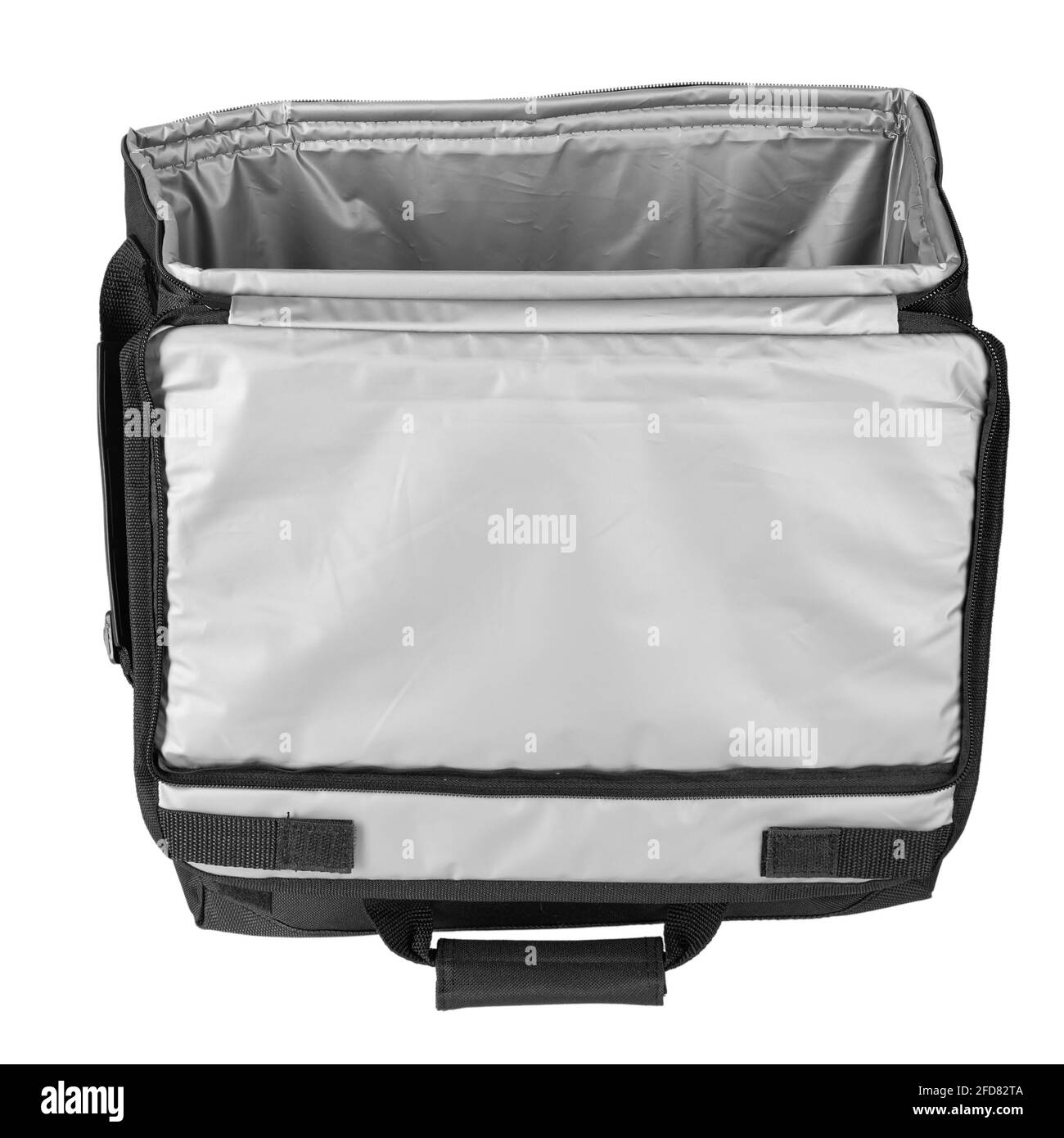 Sac thermique sur fond blanc - gros plan. Pour le transport de nourriture. Le fichier contient un chemin d'écrêtage. Banque D'Images