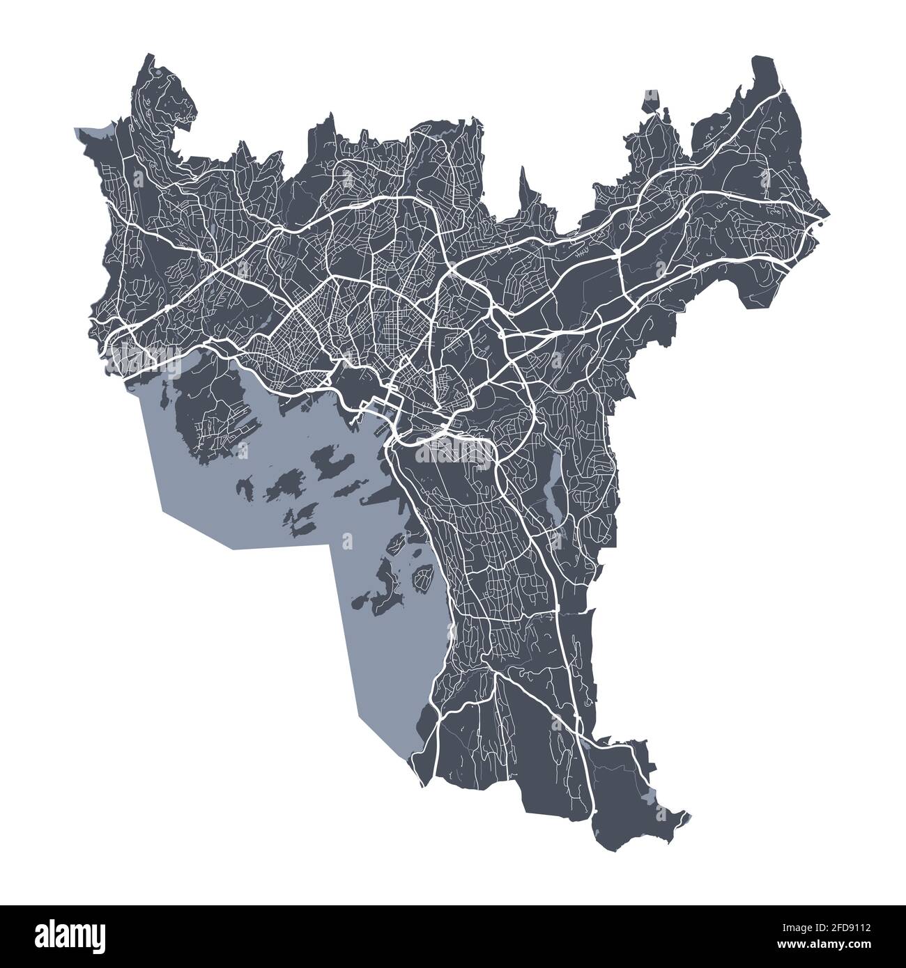 Plan d'Oslo. Carte vectorielle détaillée de la zone administrative d'Oslo. Vue sur l'aria métropolitain avec affiche CityScape. Terre sombre avec rues blanches, routes et avenu Illustration de Vecteur