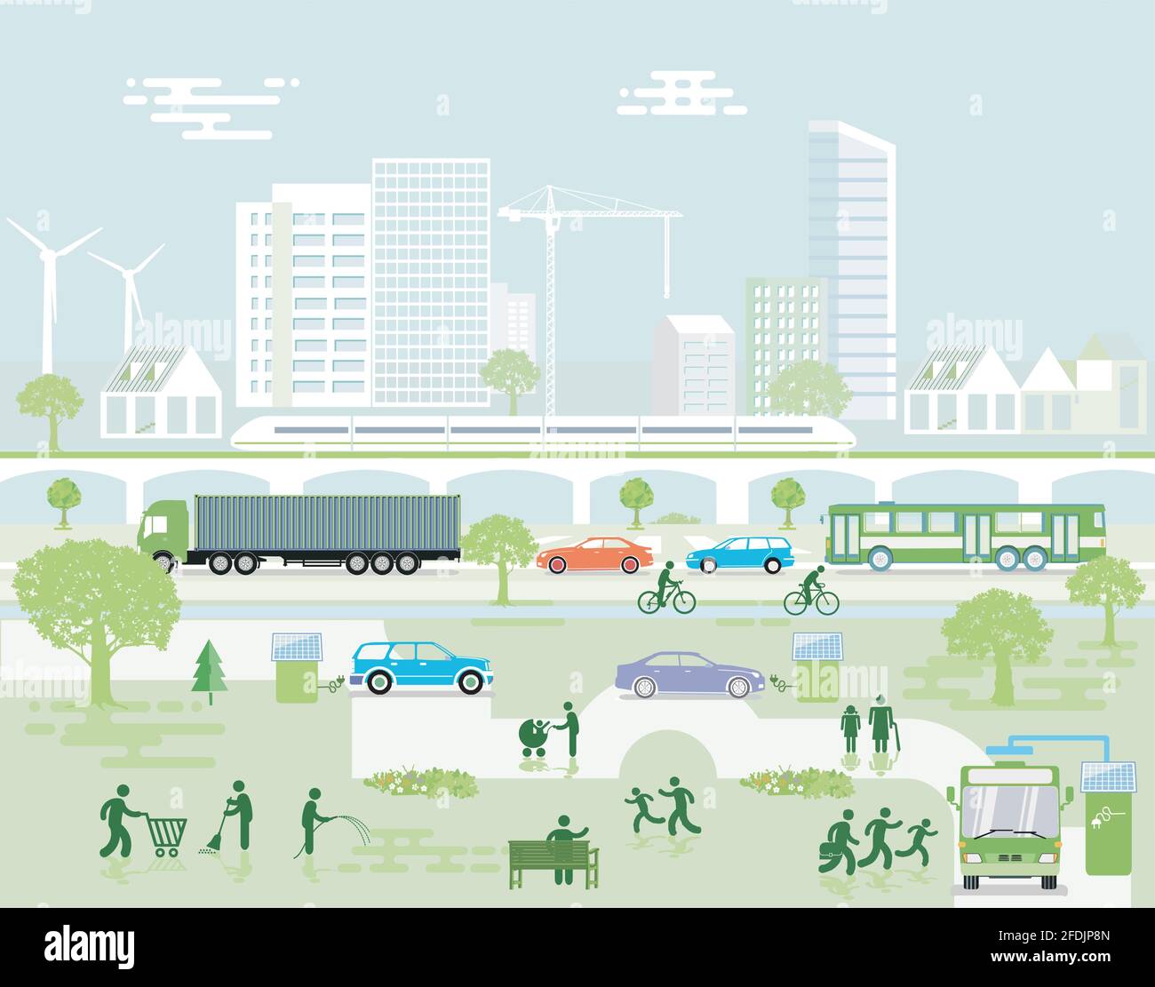 Paysage écologique de la ville avec circulation routière et piétons, illustration Illustration de Vecteur