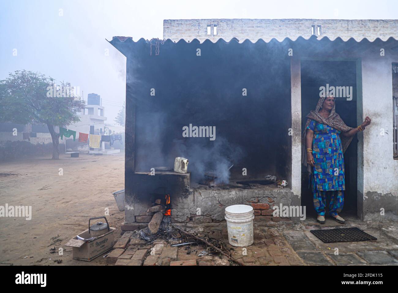 portrait d'une femme rurale indienne travaillant dans leur maison. Banque D'Images