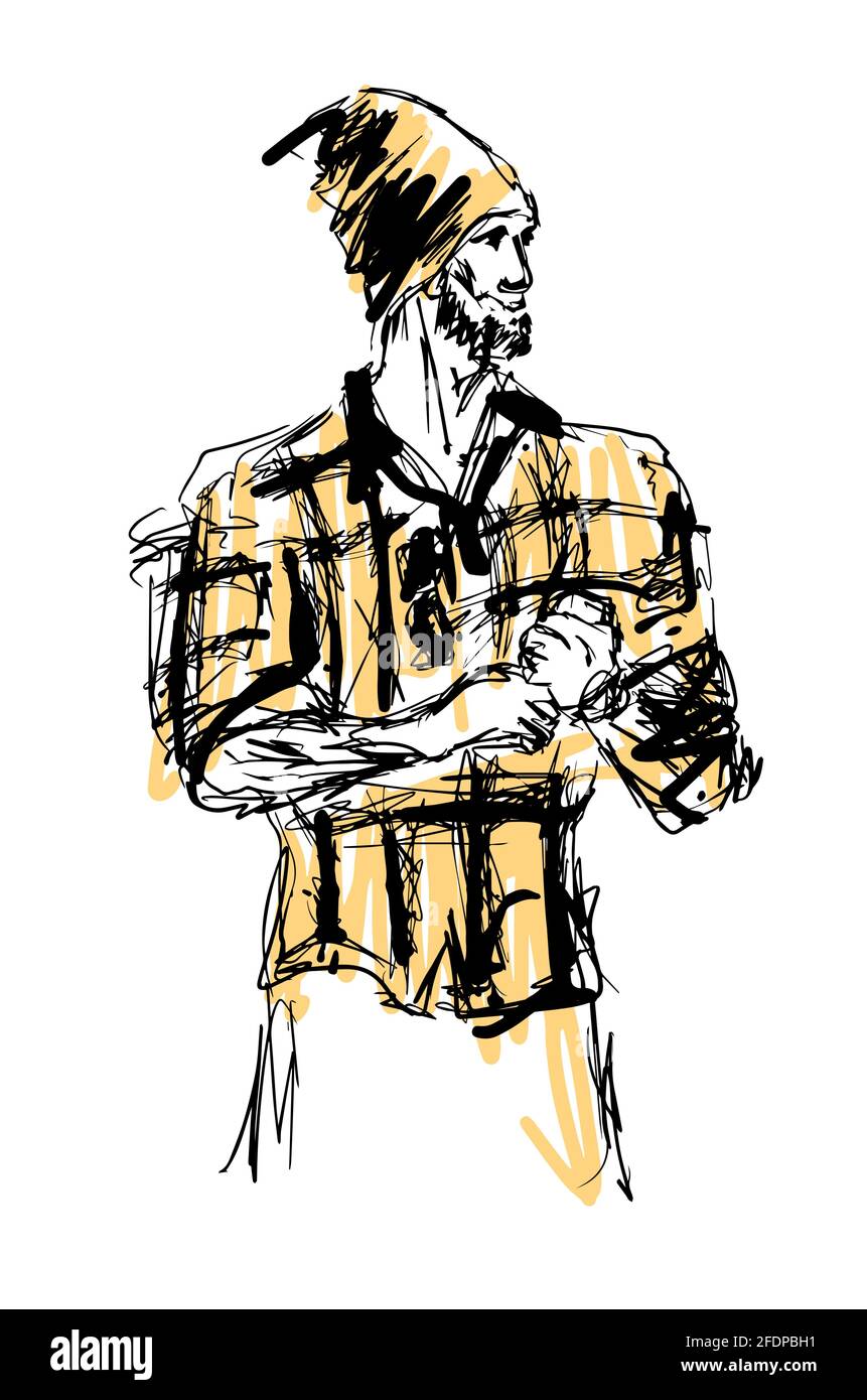 Résumé homme en chapeau dessin à la main eps10 illustration vectorielle isolée sur fond blanc. Aucune référence Illustration de Vecteur