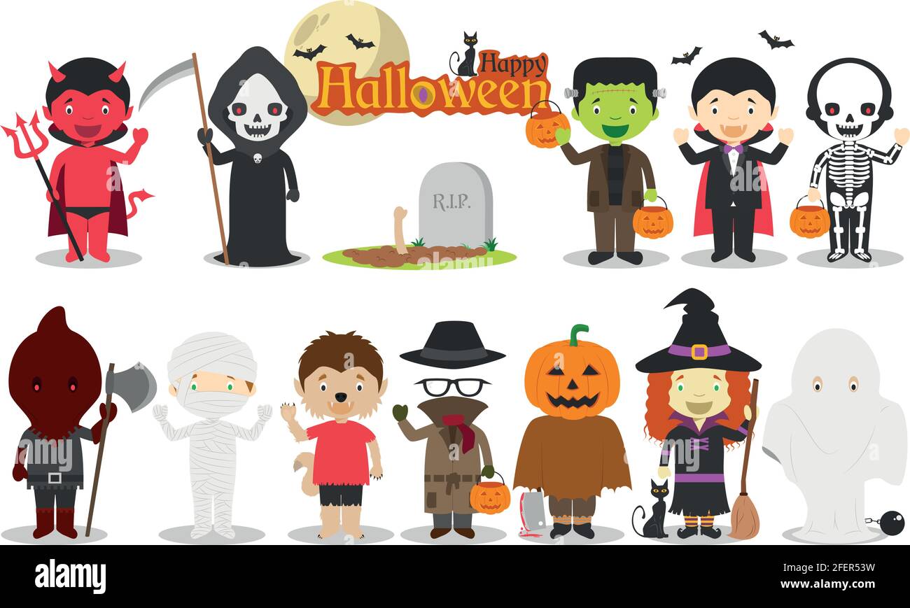 Ensemble de personnages d'Halloween, y compris Dracula, Frankenstein, diable, sorcière, squelette, citrouille, momie et plus encore. Illustration vectorielle Illustration de Vecteur
