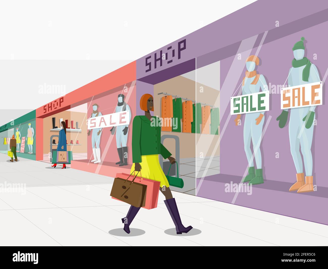 Shopping dans les boutiques avec des réductions - toujours cool Illustration de Vecteur