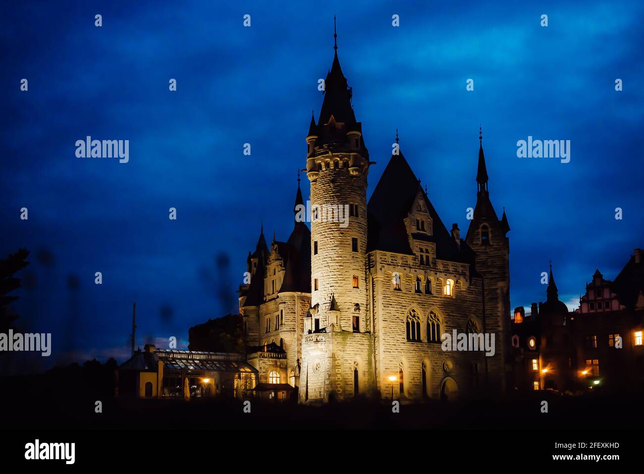 Vieux château polonais dans le village de moszna dans les lumières de la nuit Banque D'Images
