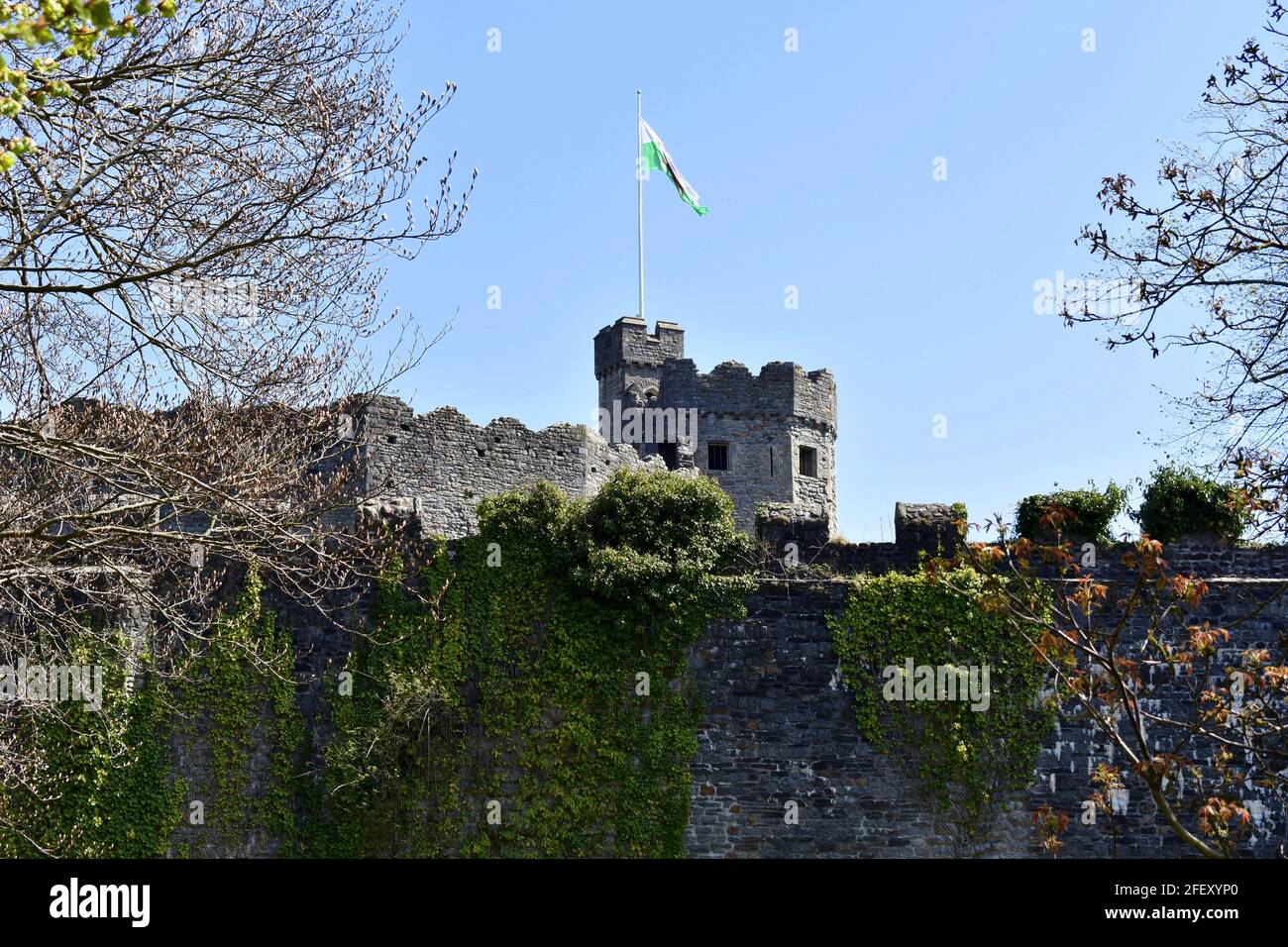 Vue sur le sommet du château de Cardiff depuis l'extérieur des murs du château à Bute Park, Cardiff, pays de Galles Banque D'Images