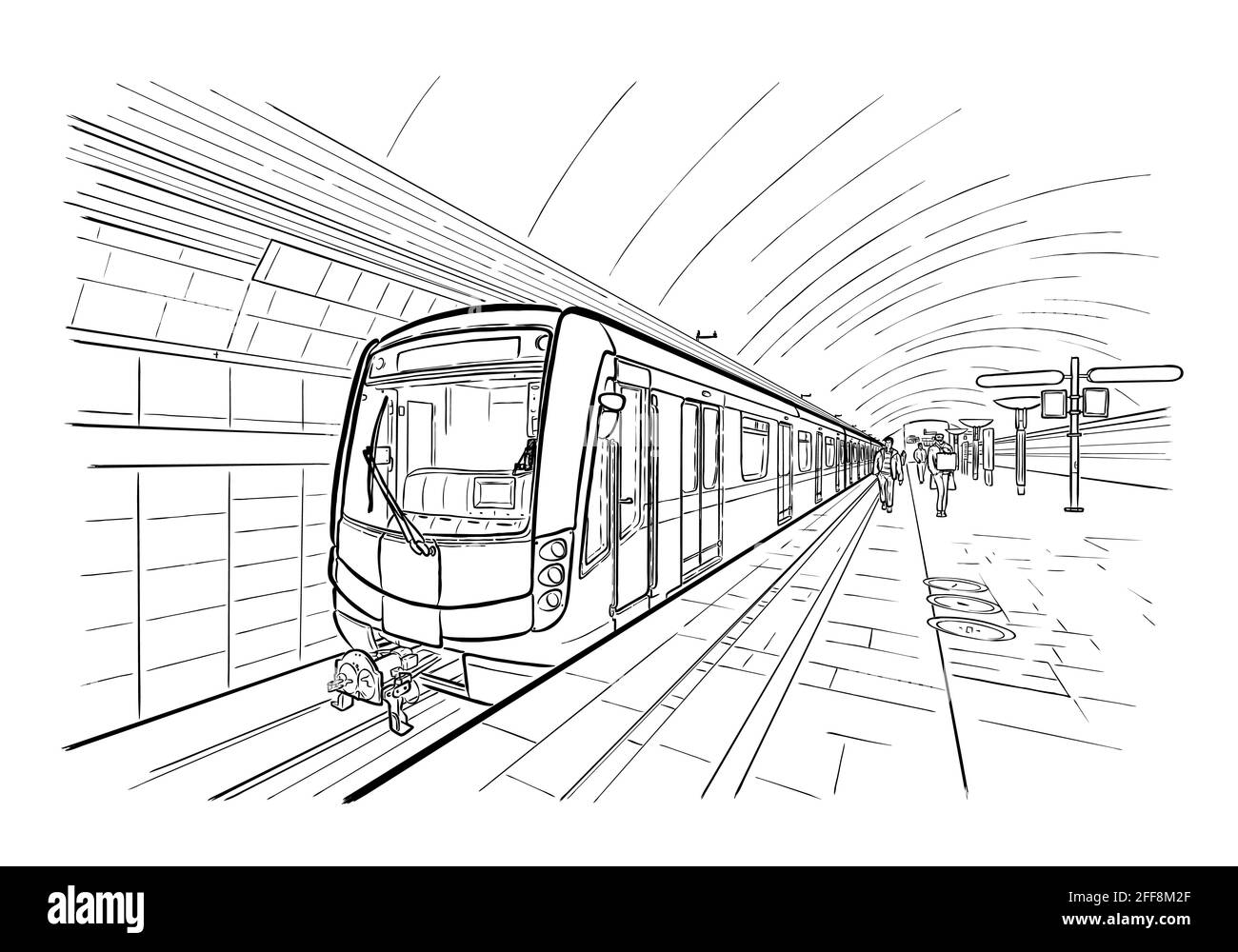 Encre dessinés à la main, croquis de la ligne de métro, train en vue perspective du style du contour. Illustration de Vecteur