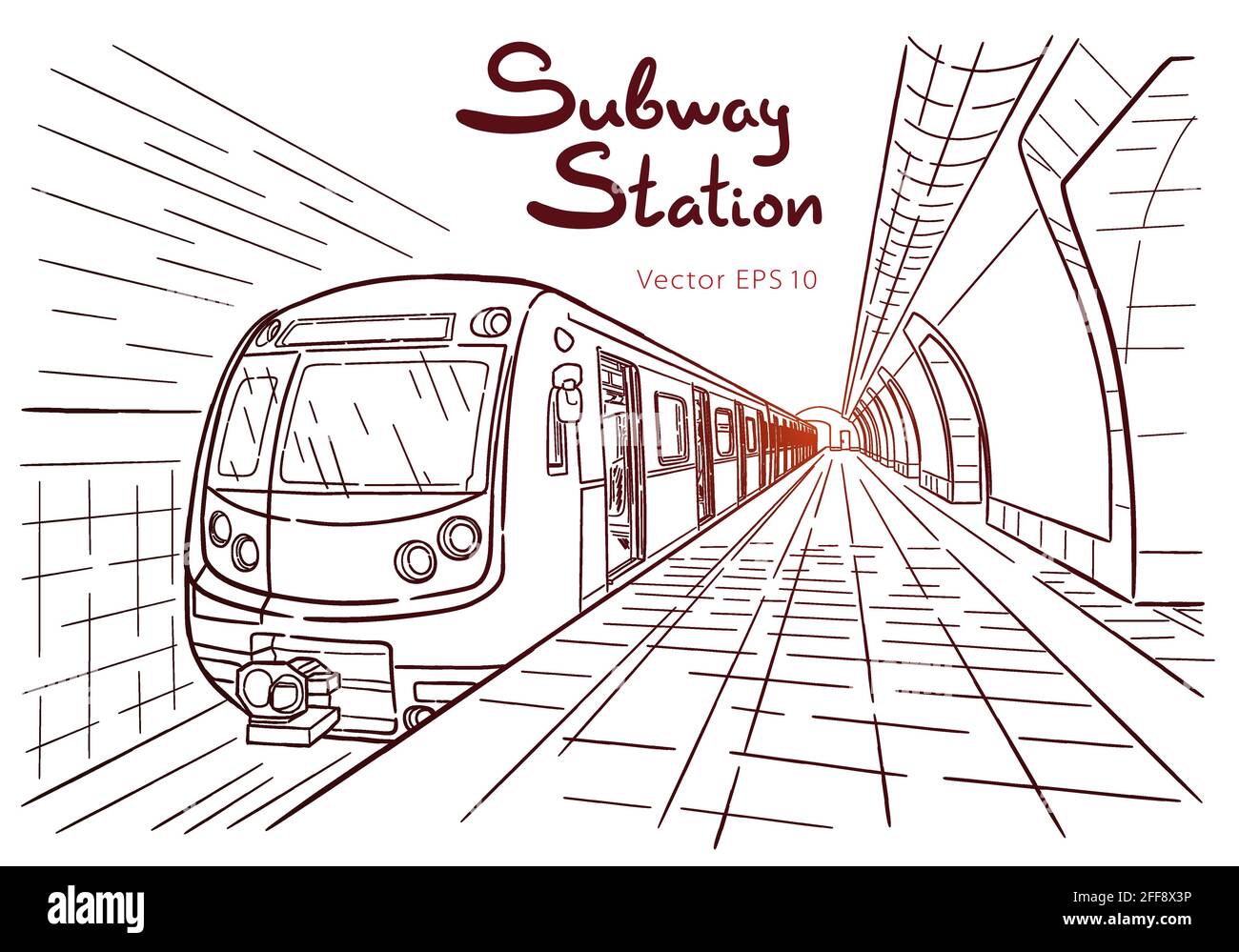 Encre dessinés à la main, croquis de la ligne de métro, train en vue perspective du style du contour. Illustration de Vecteur