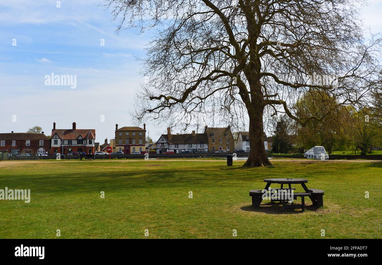 Le parc et la chaussée à Godmanchester avec grand arbre et banc. Banque D'Images