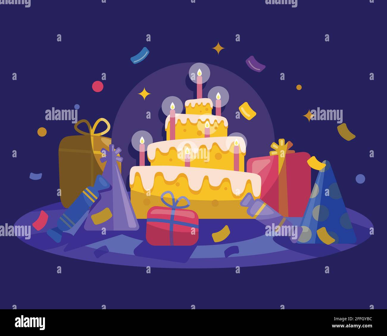 Gateau D Illustration Moderne De Style Vectoriel Plat Avec Bougies Cadeaux Et Confetti Concept Fete D Anniversaire Pour L Impression Le Design La Decoration Les Cartes Les Invites Photo Stock Alamy