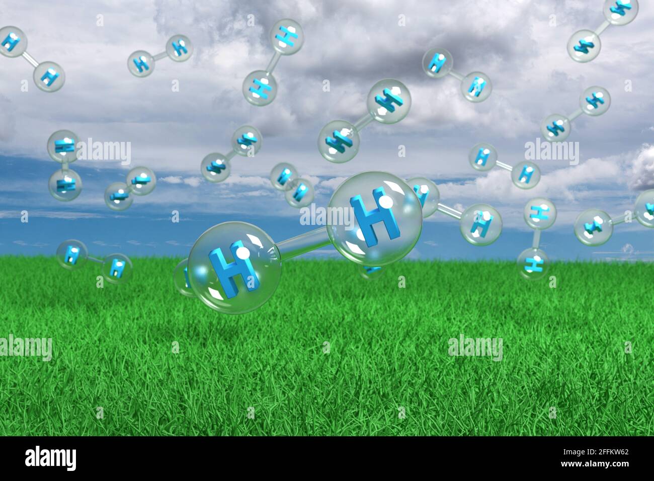Molécules d'hydrogène flottant dans l'air sur l'herbe avec un ciel bleu avec des nuages blancs en arrière-plan. illustration 3d. Banque D'Images