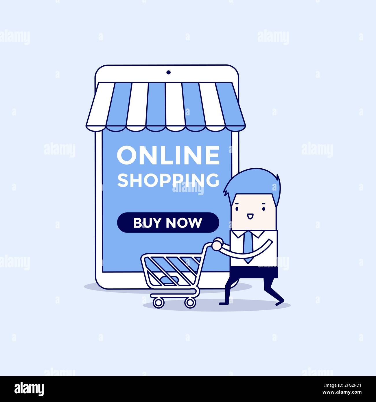 Homme d'affaires avec panier en face de la boutique en ligne. Vecteur de style ligne fine de personnage de dessin animé. Illustration de Vecteur