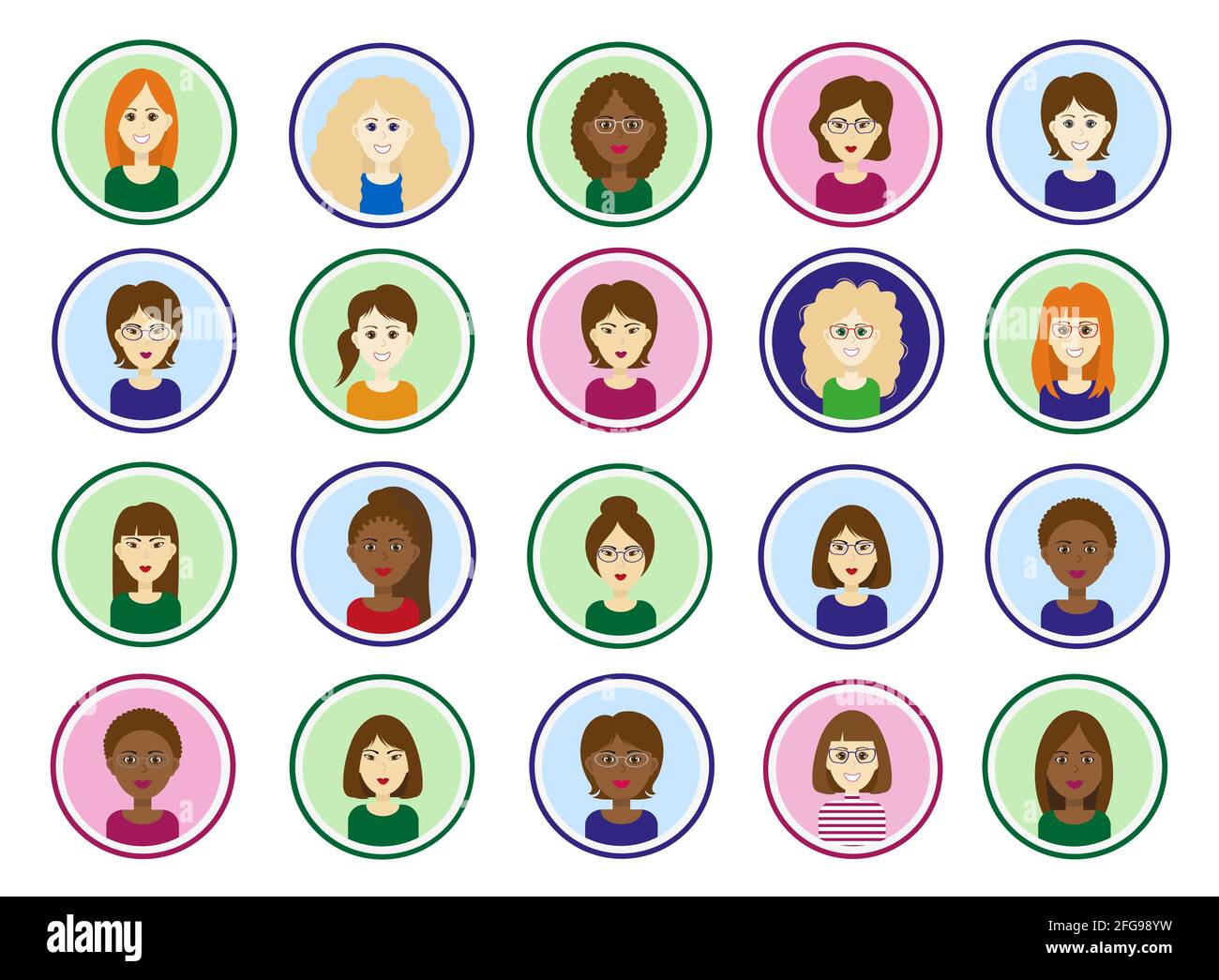 Ensemble de différentes races de femmes visages dans des cadres ronds Illustration de Vecteur